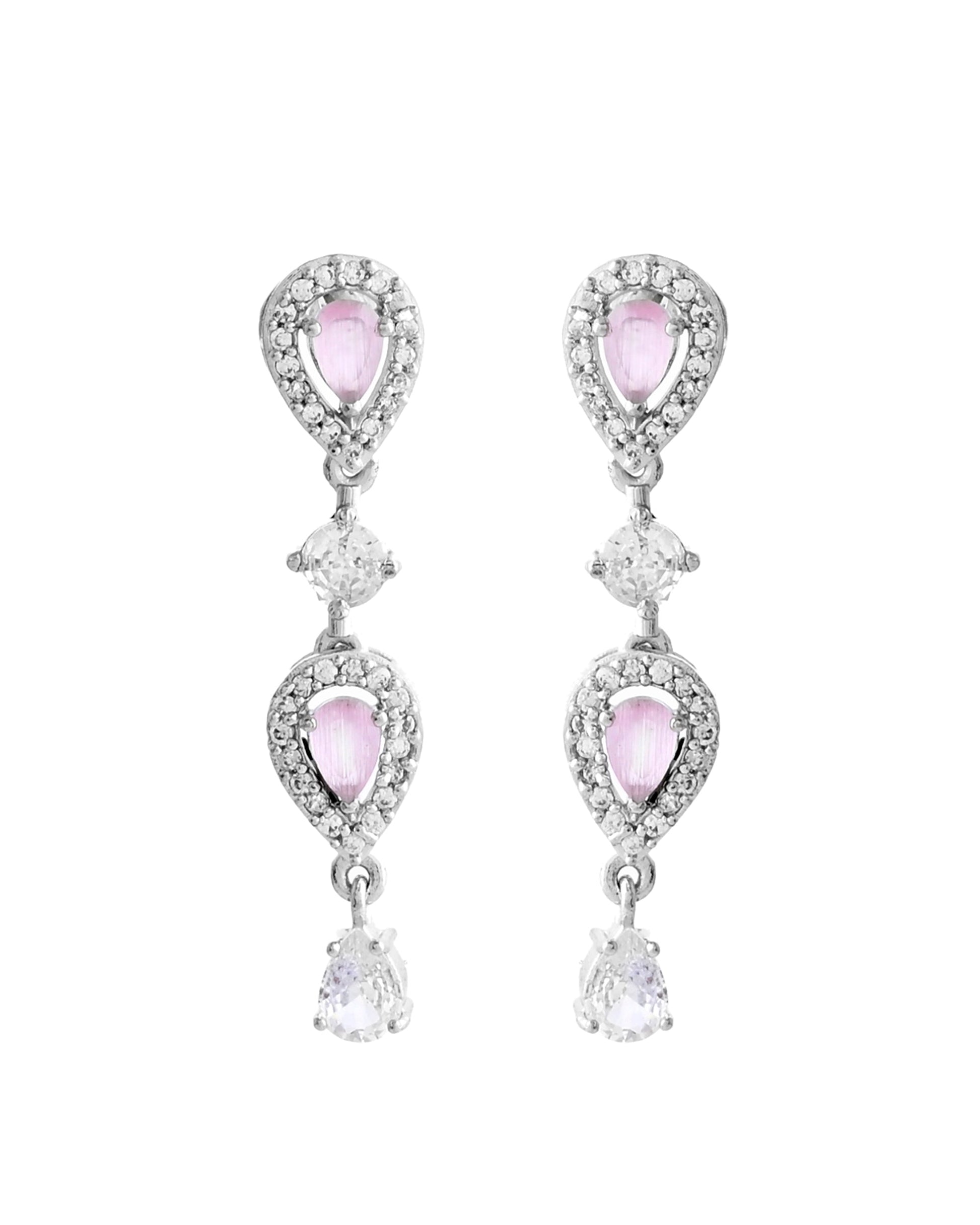 VOJ Silver Plated Baby Pink Stone Tear Drop Shaped AD Jewellery Set - Swadesiicart