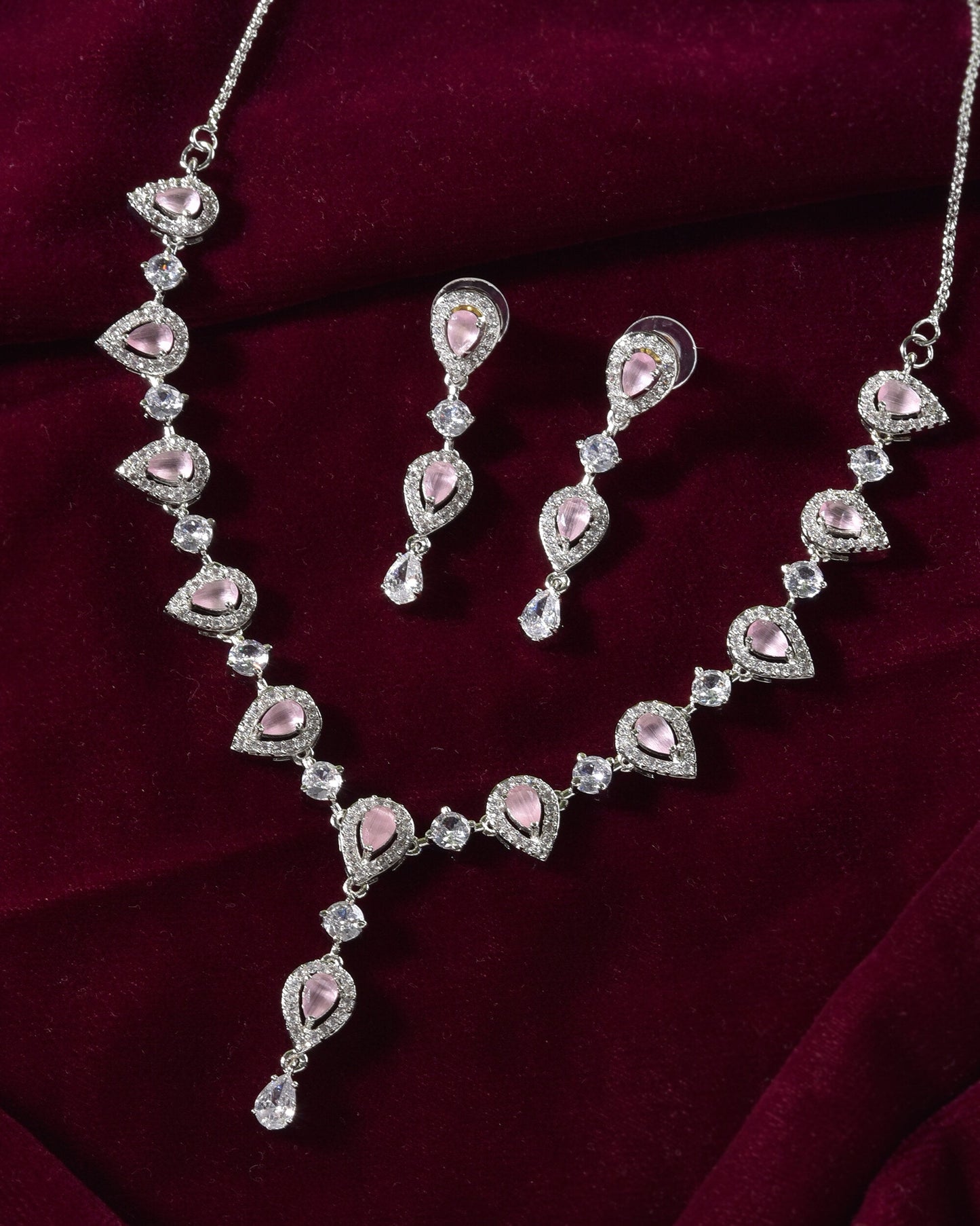 VOJ Silver Plated Baby Pink Stone Tear Drop Shaped AD Jewellery Set - Swadesiicart