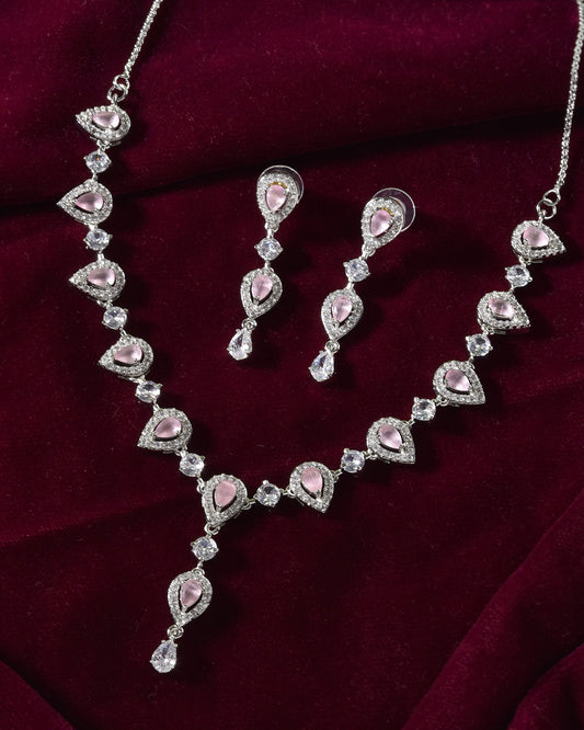 VOJ Silver Plated Baby Pink Stone Tear Drop Shaped AD Jewellery Set - Swadesiicart