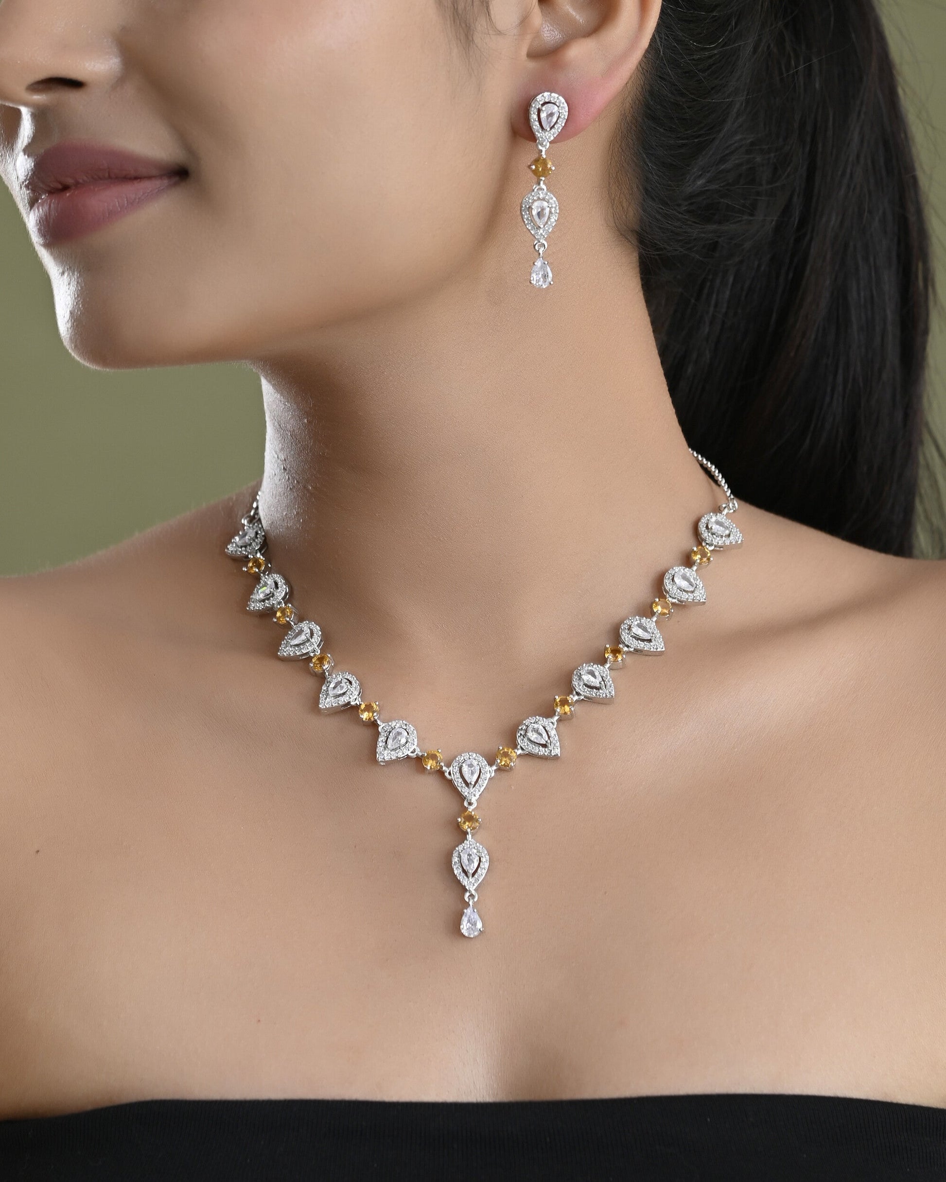 VOJ Silver Plated Yellow Stone Tear Drop Shaped AD Jewellery Set - Swadesiicart