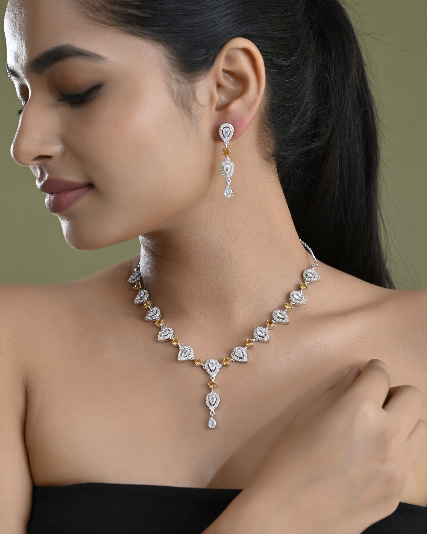 VOJ Silver Plated Yellow Stone Tear Drop Shaped AD Jewellery Set - Swadesiicart