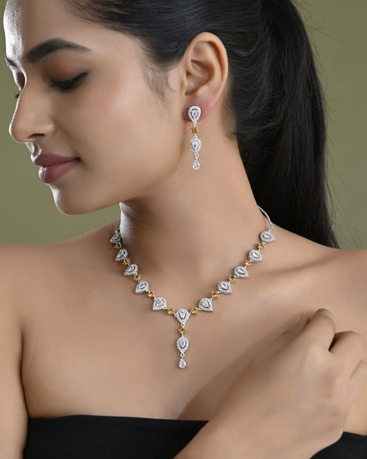 VOJ Silver Plated Yellow Stone Tear Drop Shaped AD Jewellery Set - Swadesiicart