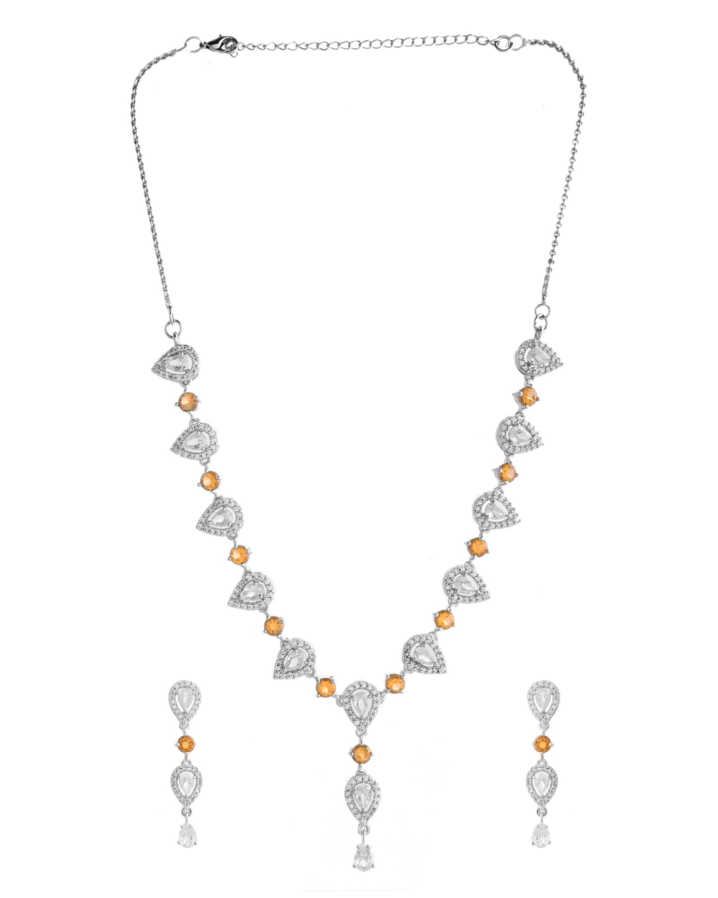 VOJ Silver Plated Yellow Stone Tear Drop Shaped AD Jewellery Set - Swadesiicart