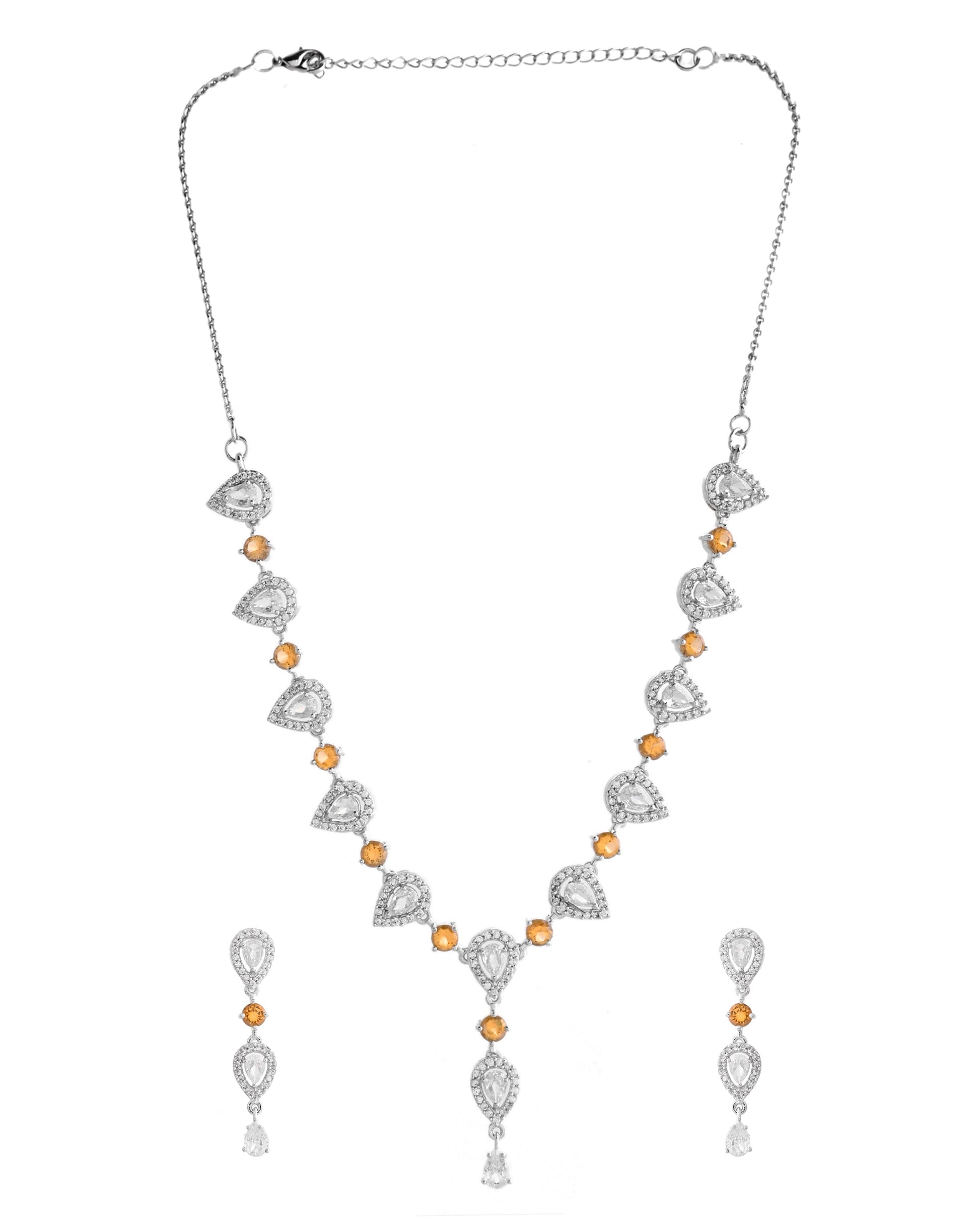 VOJ Silver Plated Yellow Stone Tear Drop Shaped AD Jewellery Set - Swadesiicart