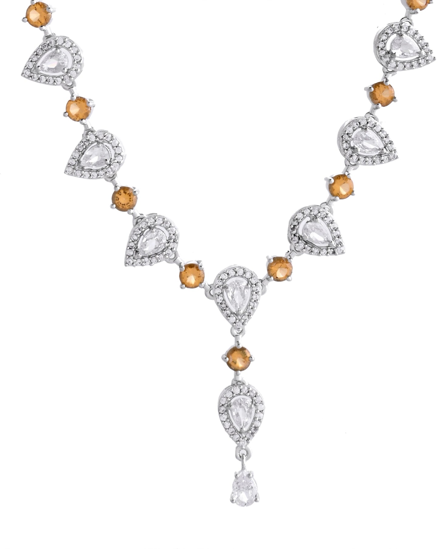 VOJ Silver Plated Yellow Stone Tear Drop Shaped AD Jewellery Set - Swadesiicart