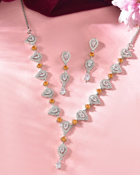 VOJ Silver Plated Yellow Stone Tear Drop Shaped AD Jewellery Set - Swadesiicart