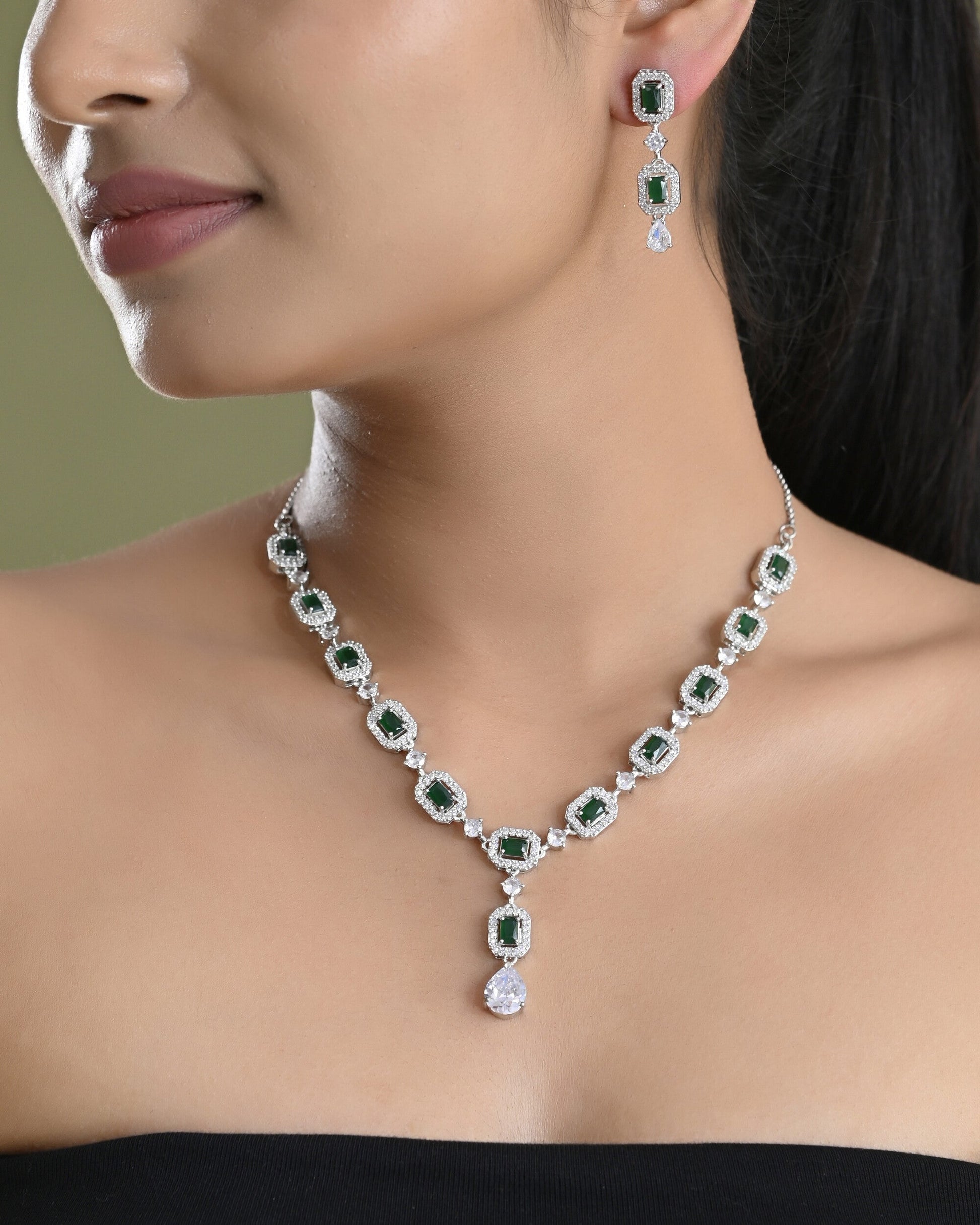 VOJ Silver Plated Green Stone Geometrical Shaped AD Jewellery Set - Swadesiicart