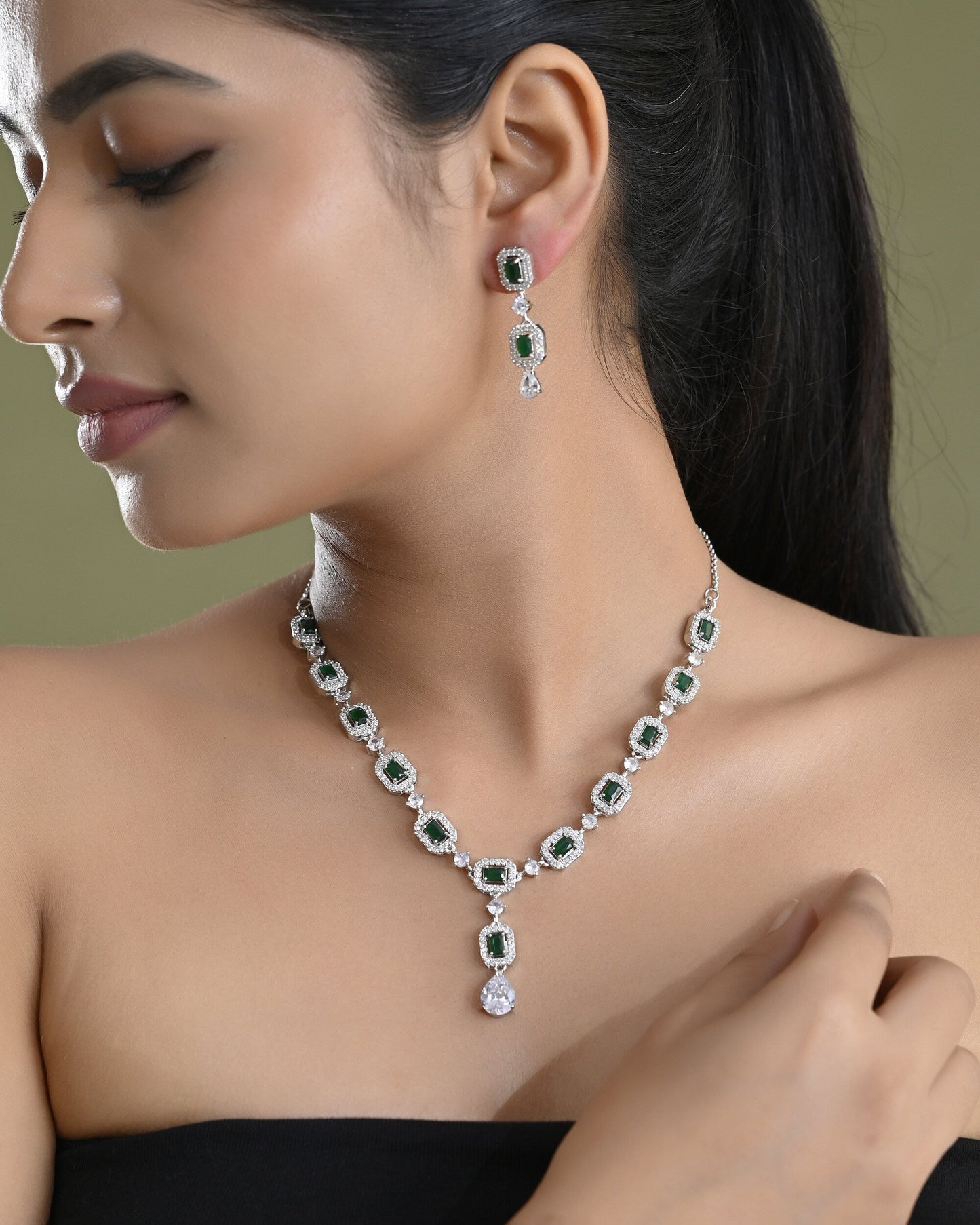 VOJ Silver Plated Green Stone Geometrical Shaped AD Jewellery Set - Swadesiicart