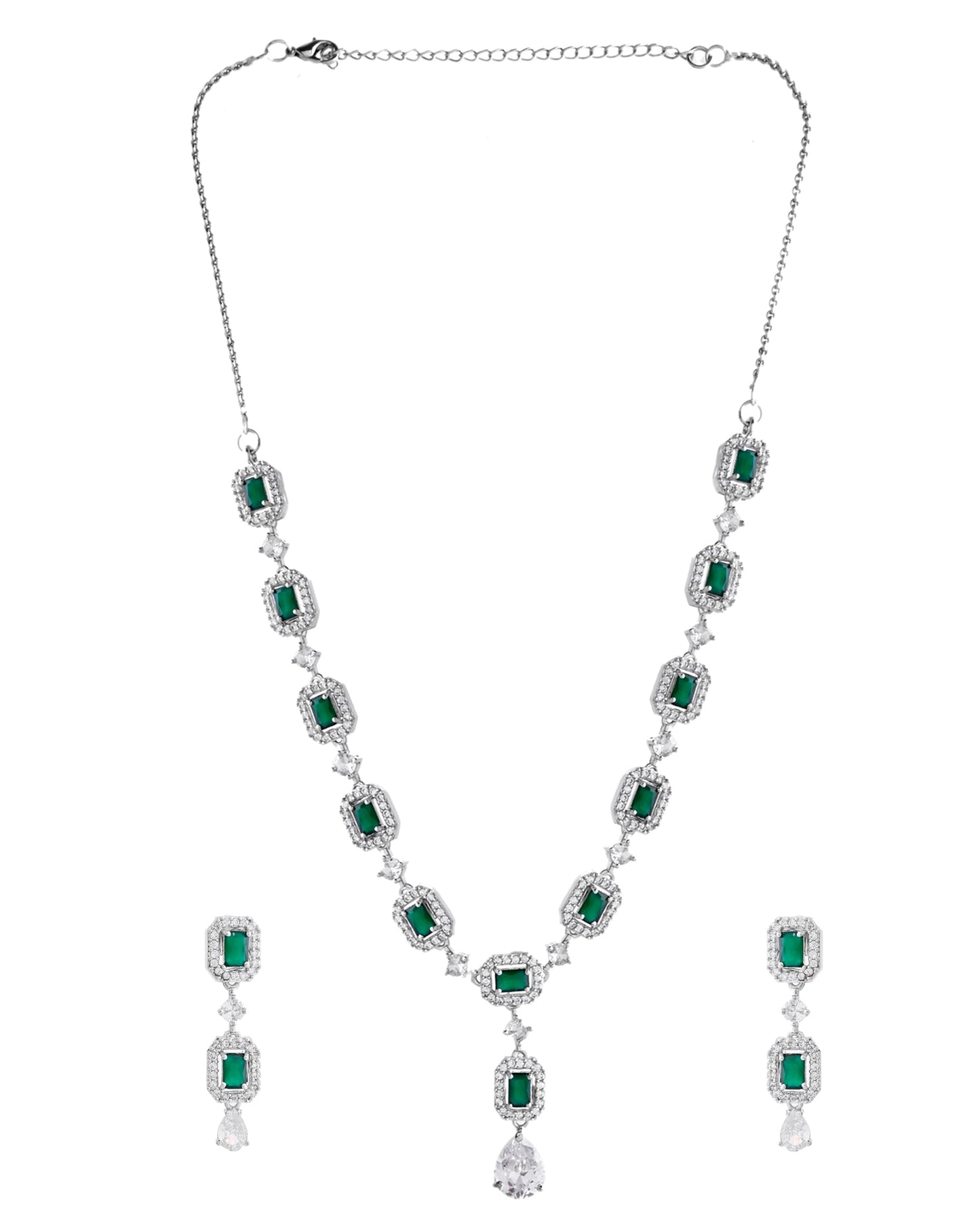 VOJ Silver Plated Green Stone Geometrical Shaped AD Jewellery Set - Swadesiicart