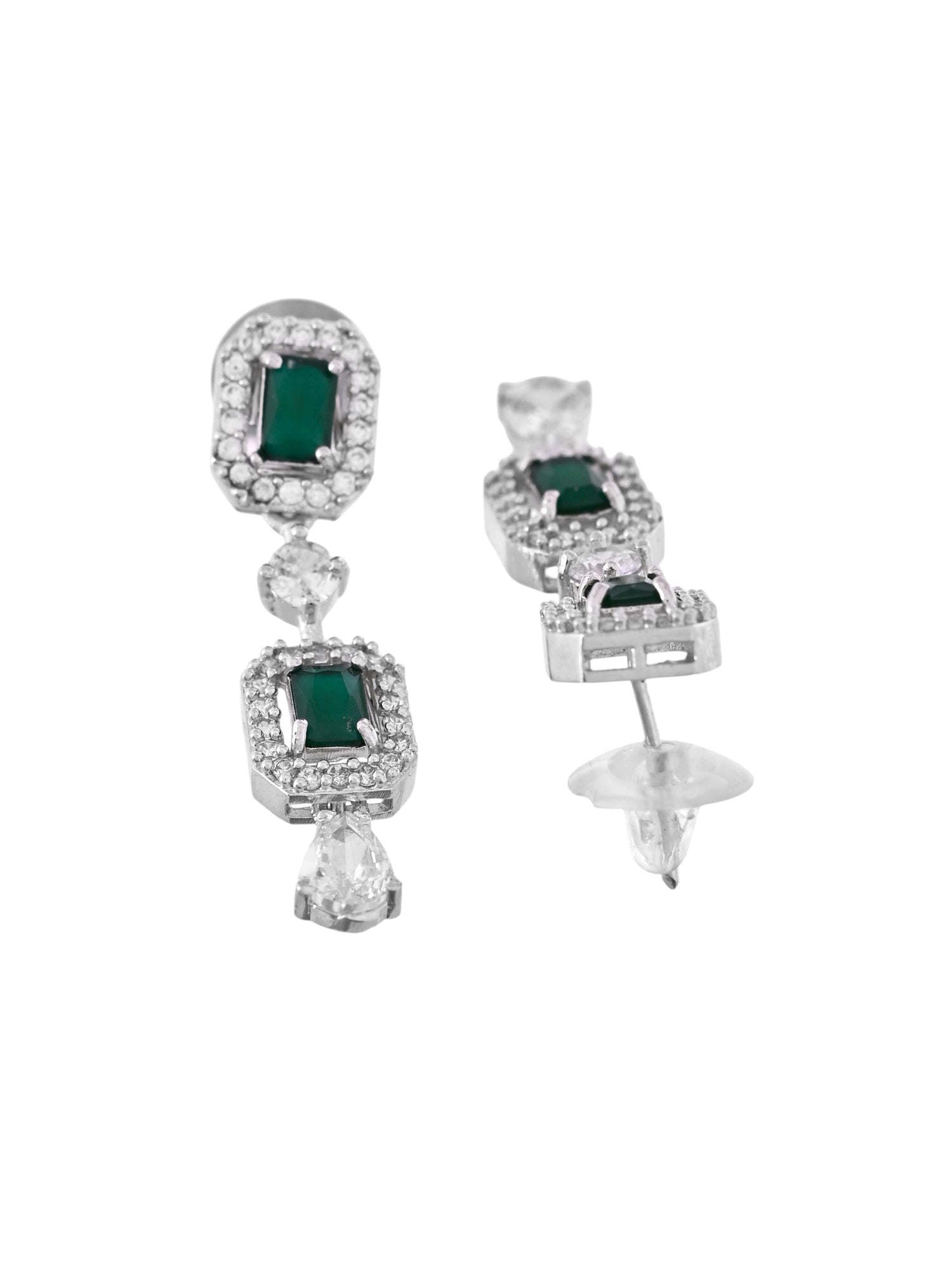VOJ Silver Plated Green Stone Geometrical Shaped AD Jewellery Set - Swadesiicart