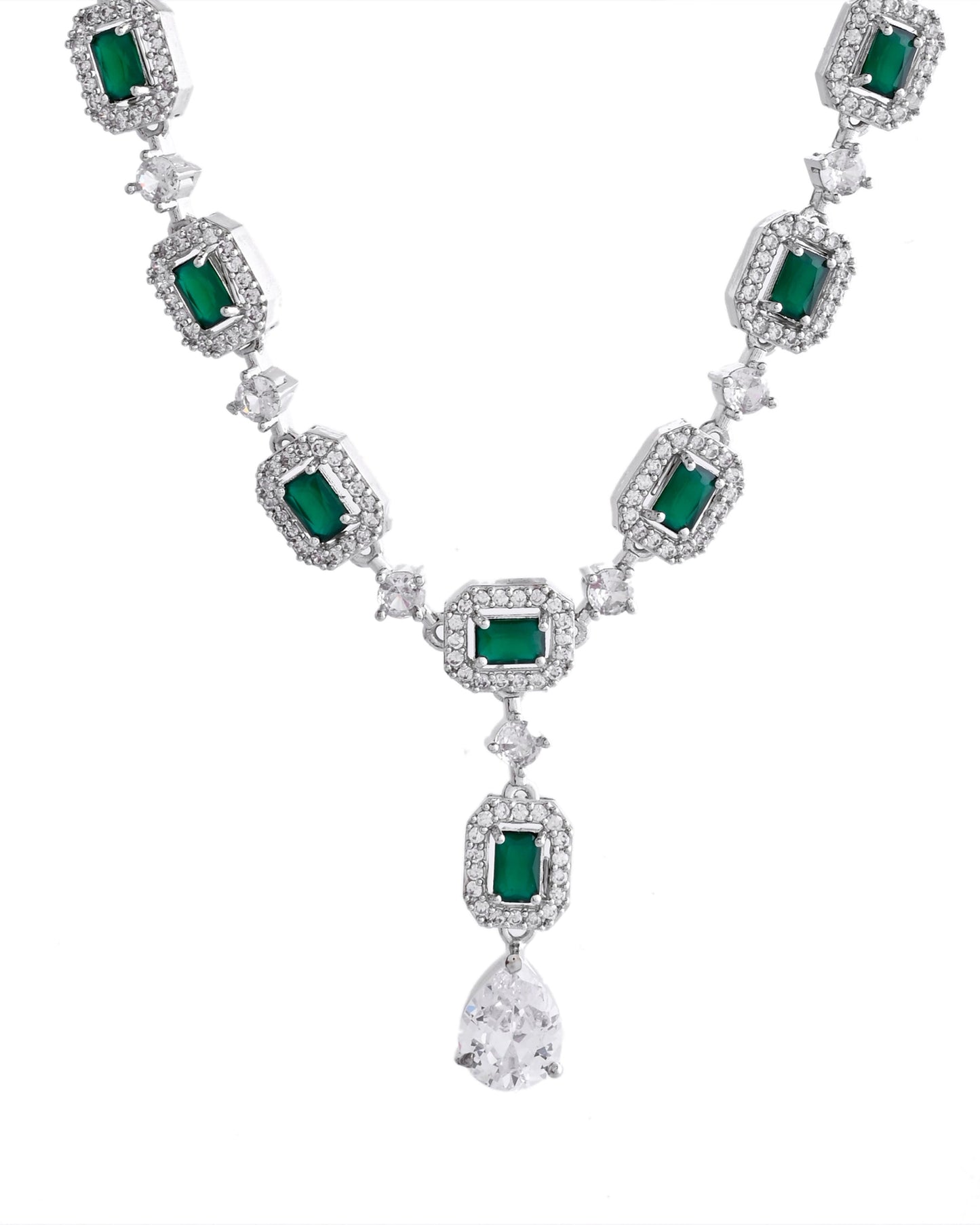 VOJ Silver Plated Green Stone Geometrical Shaped AD Jewellery Set - Swadesiicart