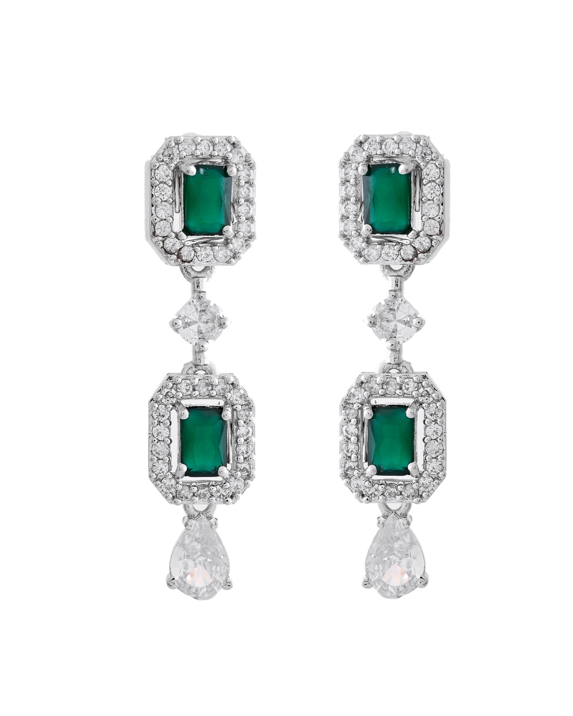 VOJ Silver Plated Green Stone Geometrical Shaped AD Jewellery Set - Swadesiicart