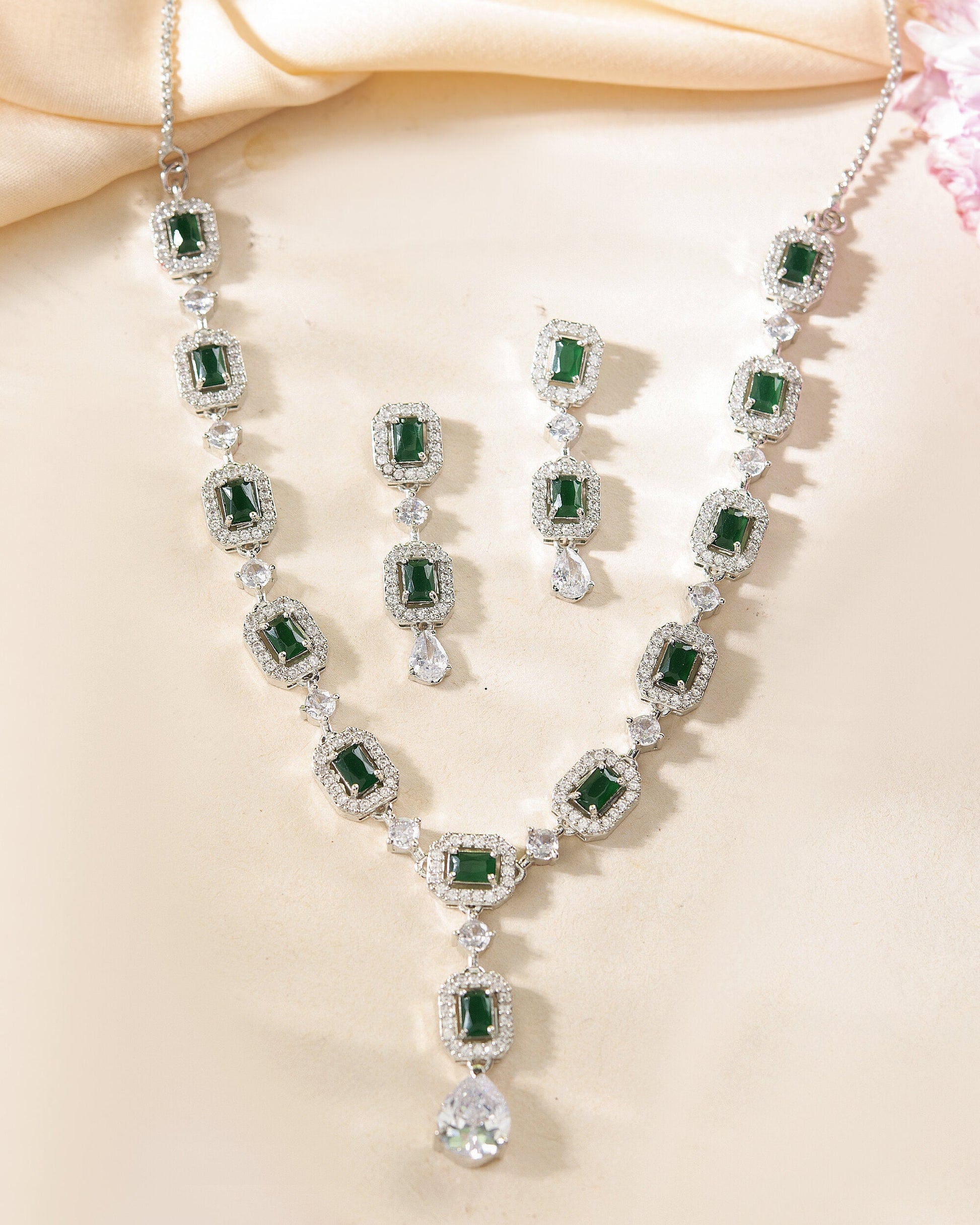 VOJ Silver Plated Green Stone Geometrical Shaped AD Jewellery Set - Swadesiicart