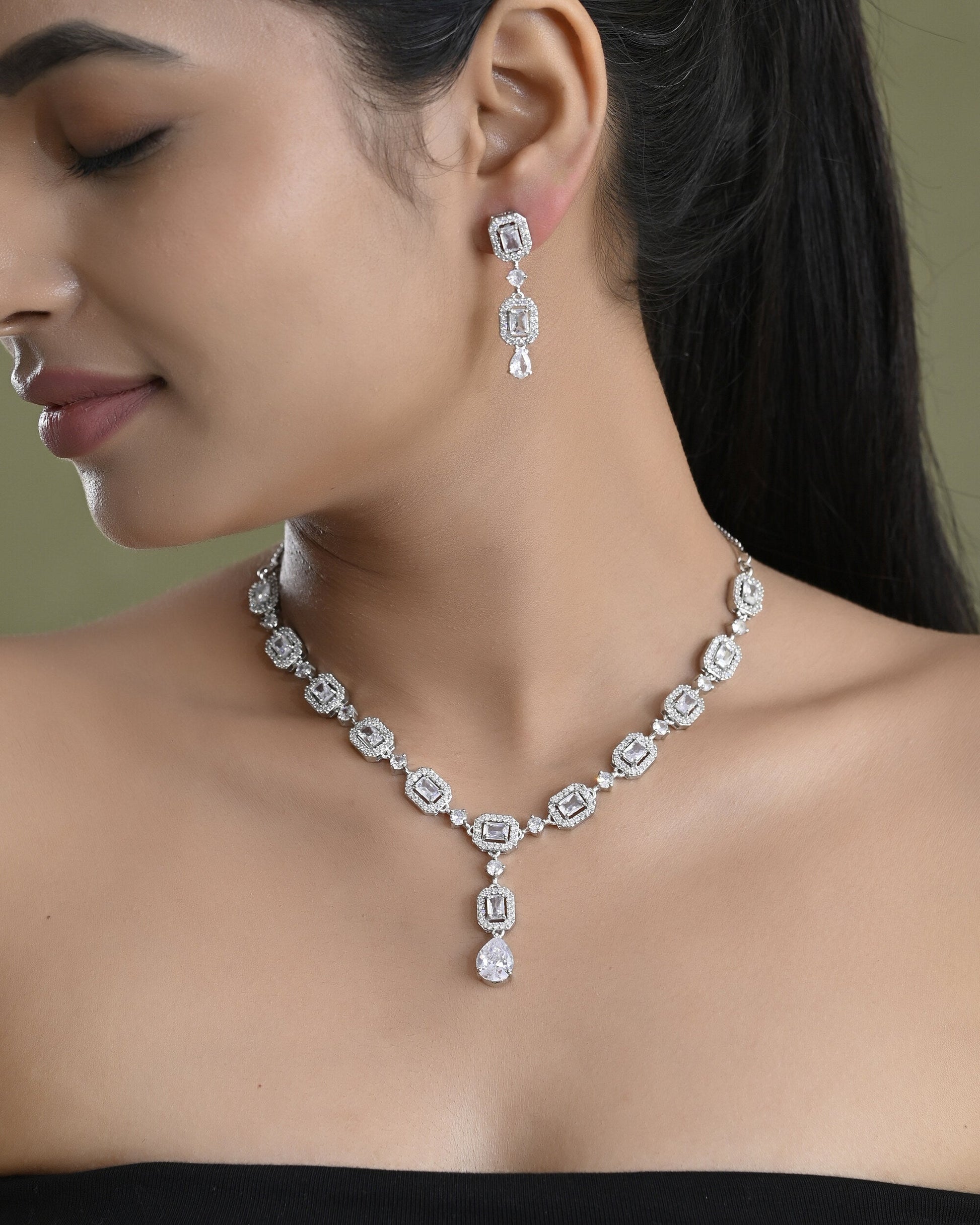 VOJ Silver Plated Geometrical Shaped AD Jewellery Set - Swadesiicart