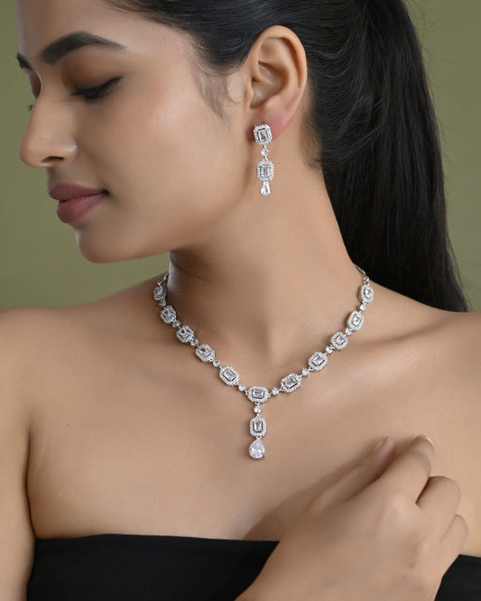 VOJ Silver Plated Geometrical Shaped AD Jewellery Set - Swadesiicart