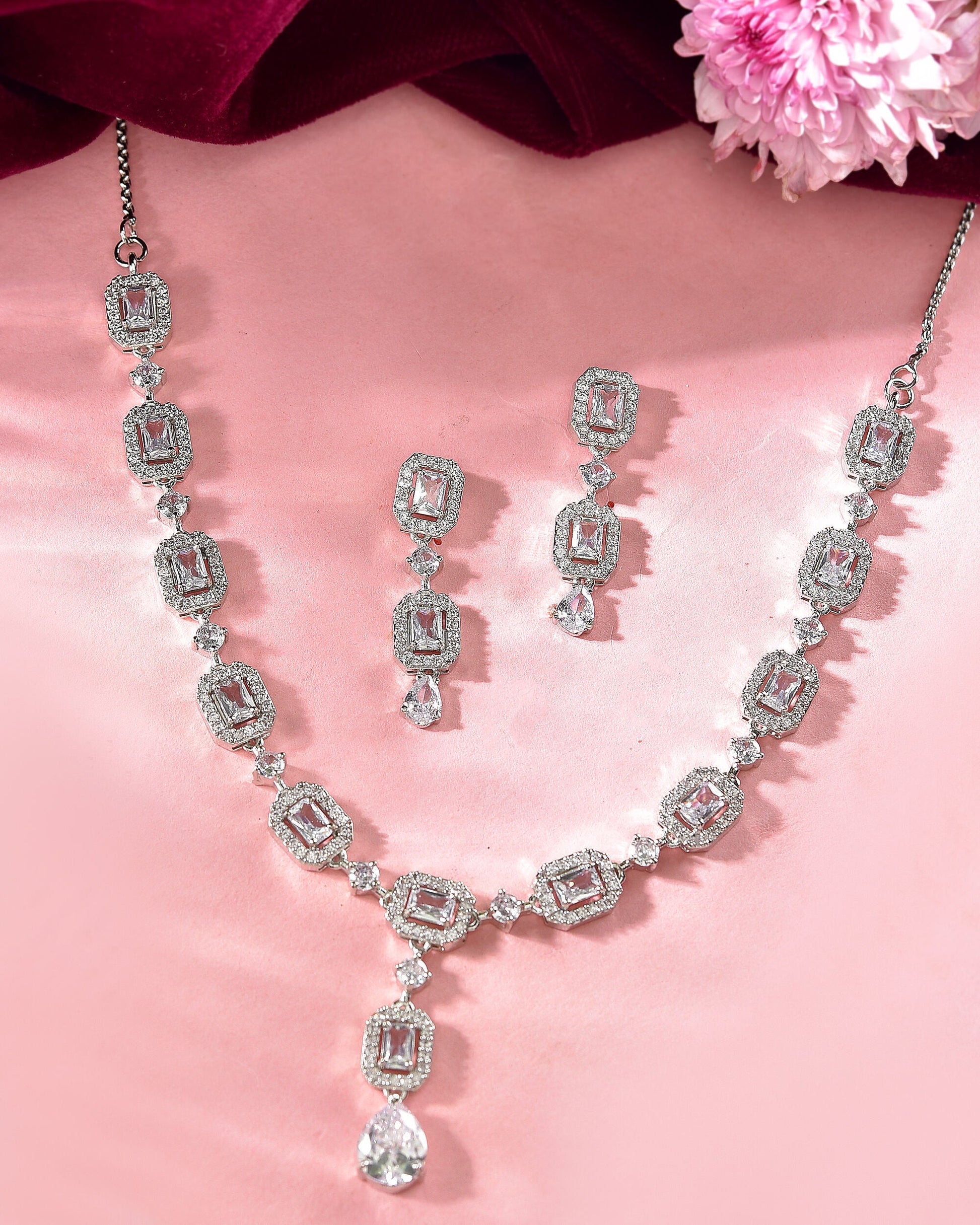 VOJ Silver Plated Geometrical Shaped AD Jewellery Set - Swadesiicart