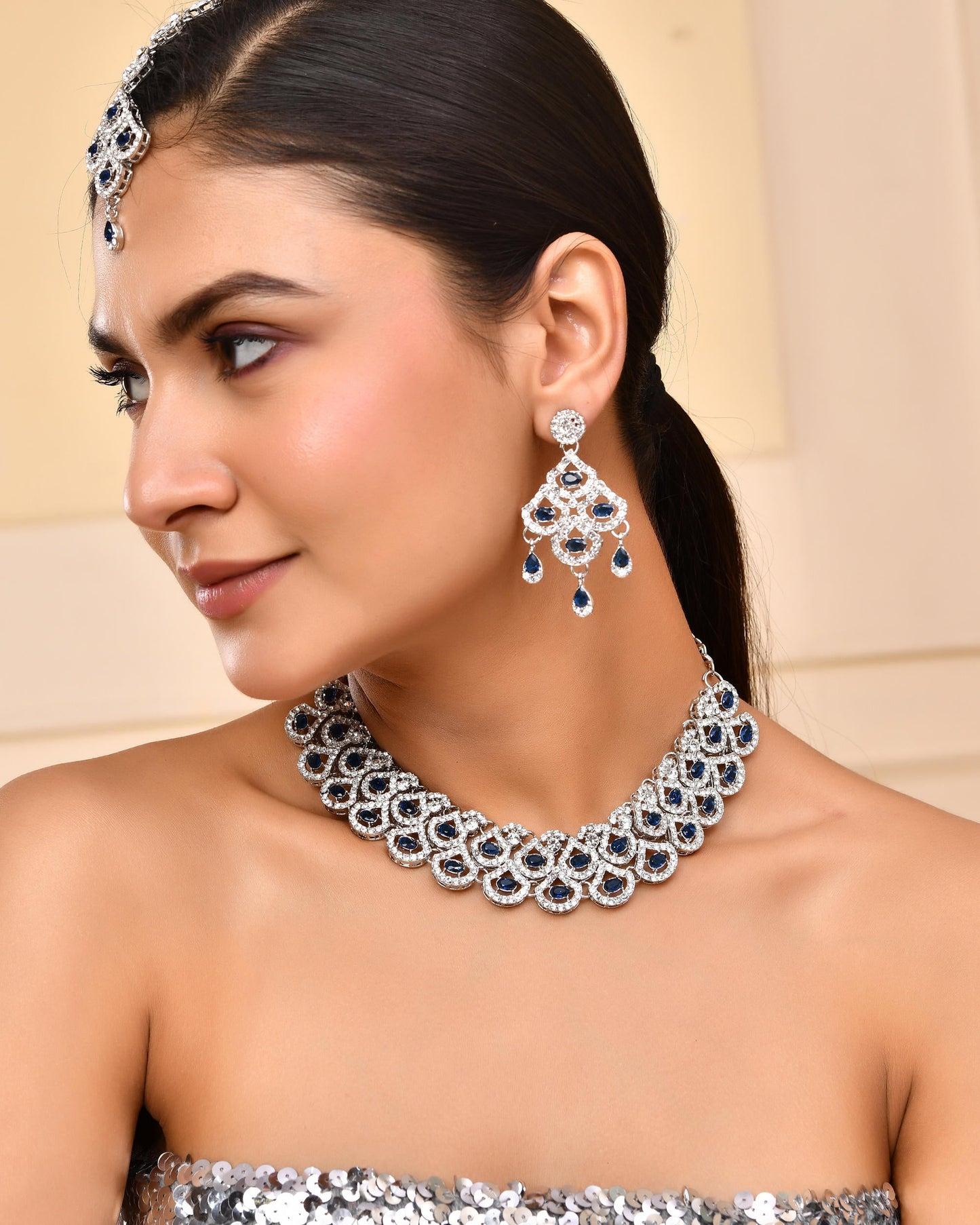 VOJ Silver-Plated Blue AD-Studded Elegent Jewellery Set - Swadesiicart