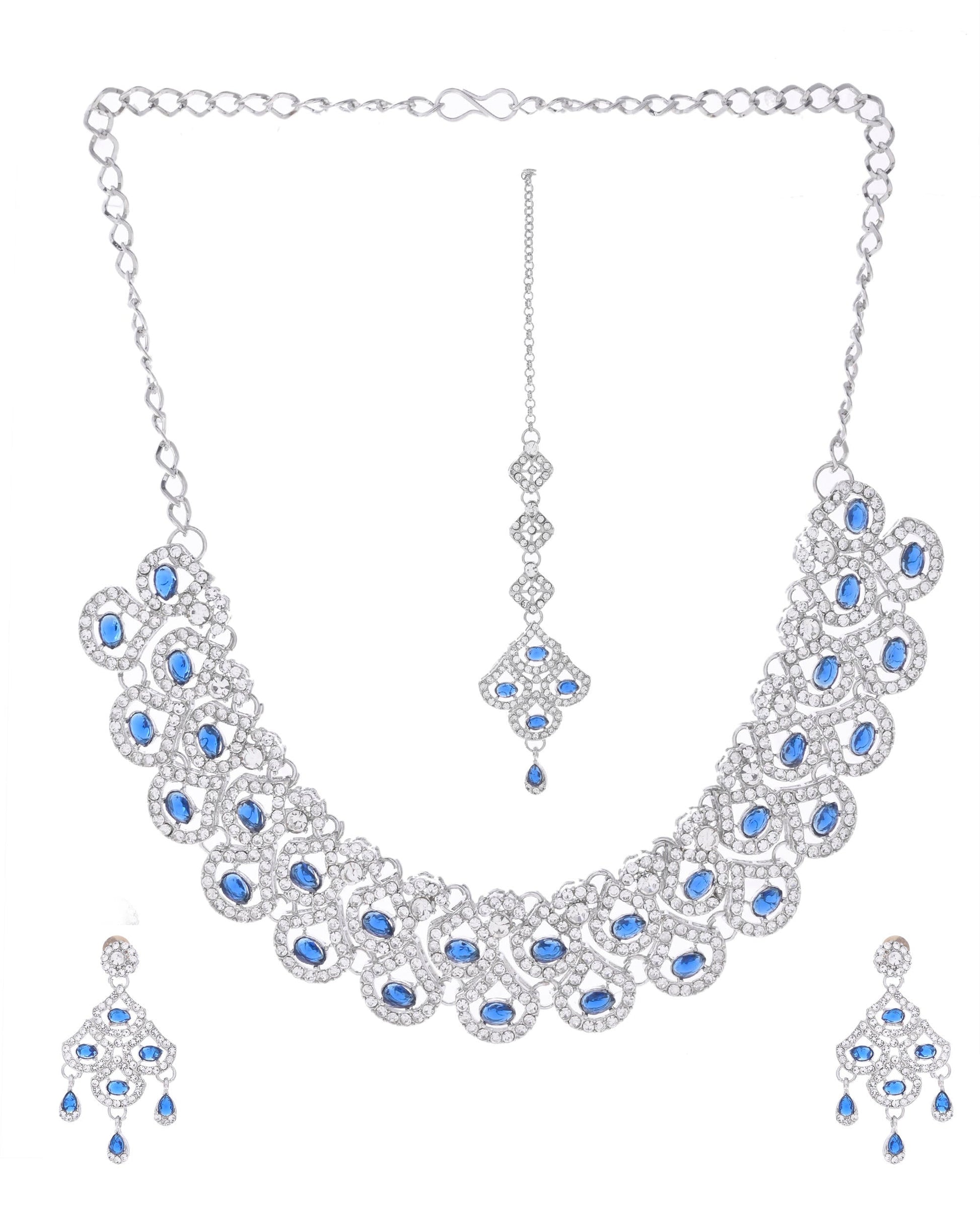 VOJ Silver-Plated Blue AD-Studded Elegent Jewellery Set - Swadesiicart