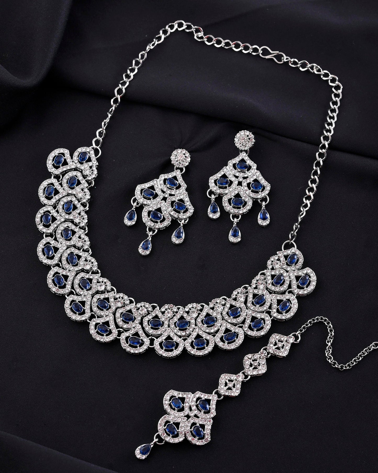 VOJ Silver-Plated Blue AD-Studded Elegent Jewellery Set - Swadesiicart