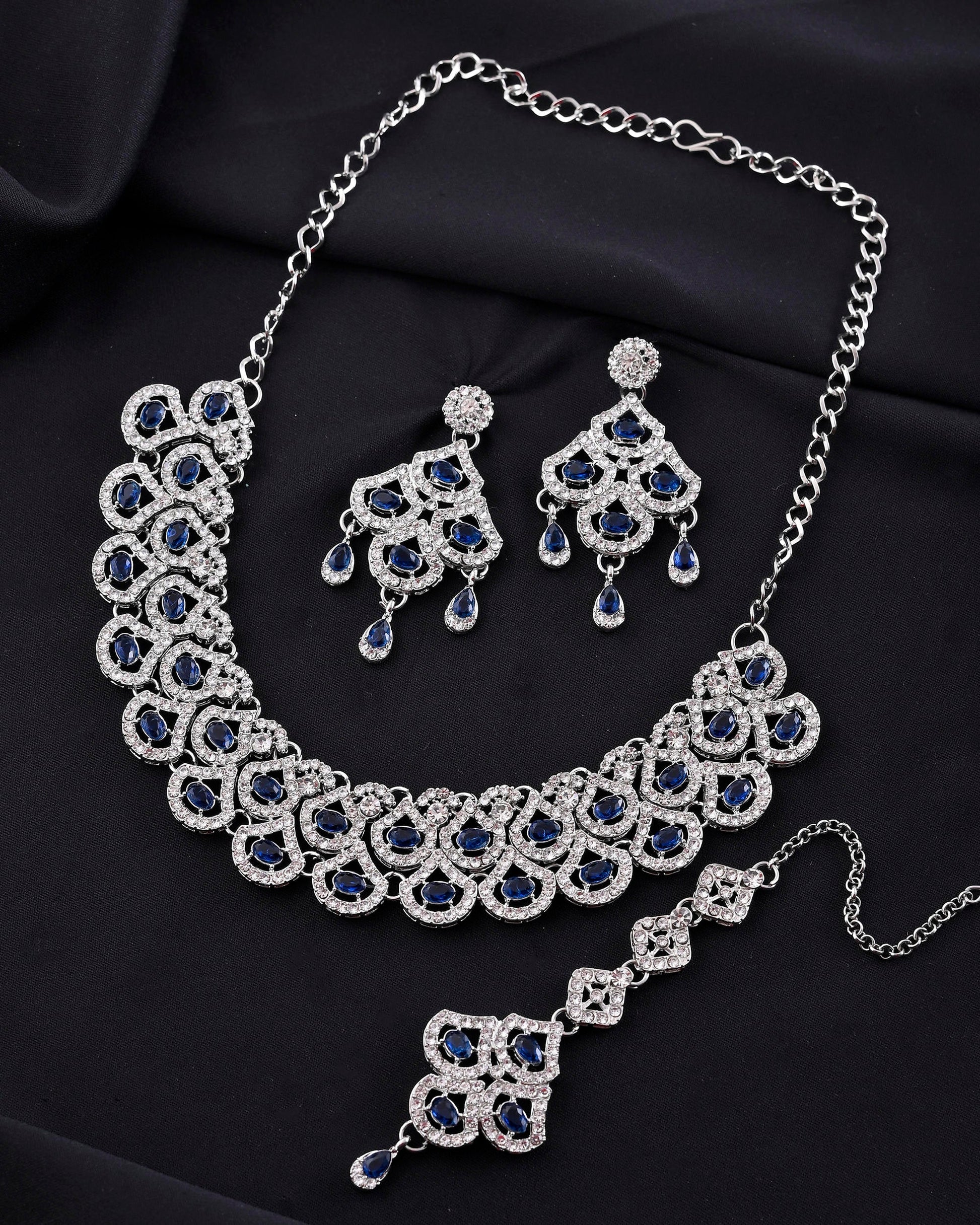 VOJ Silver-Plated Blue AD-Studded Elegent Jewellery Set - Swadesiicart