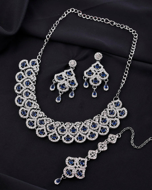 VOJ Silver-Plated Blue AD-Studded Elegent Jewellery Set - Swadesiicart