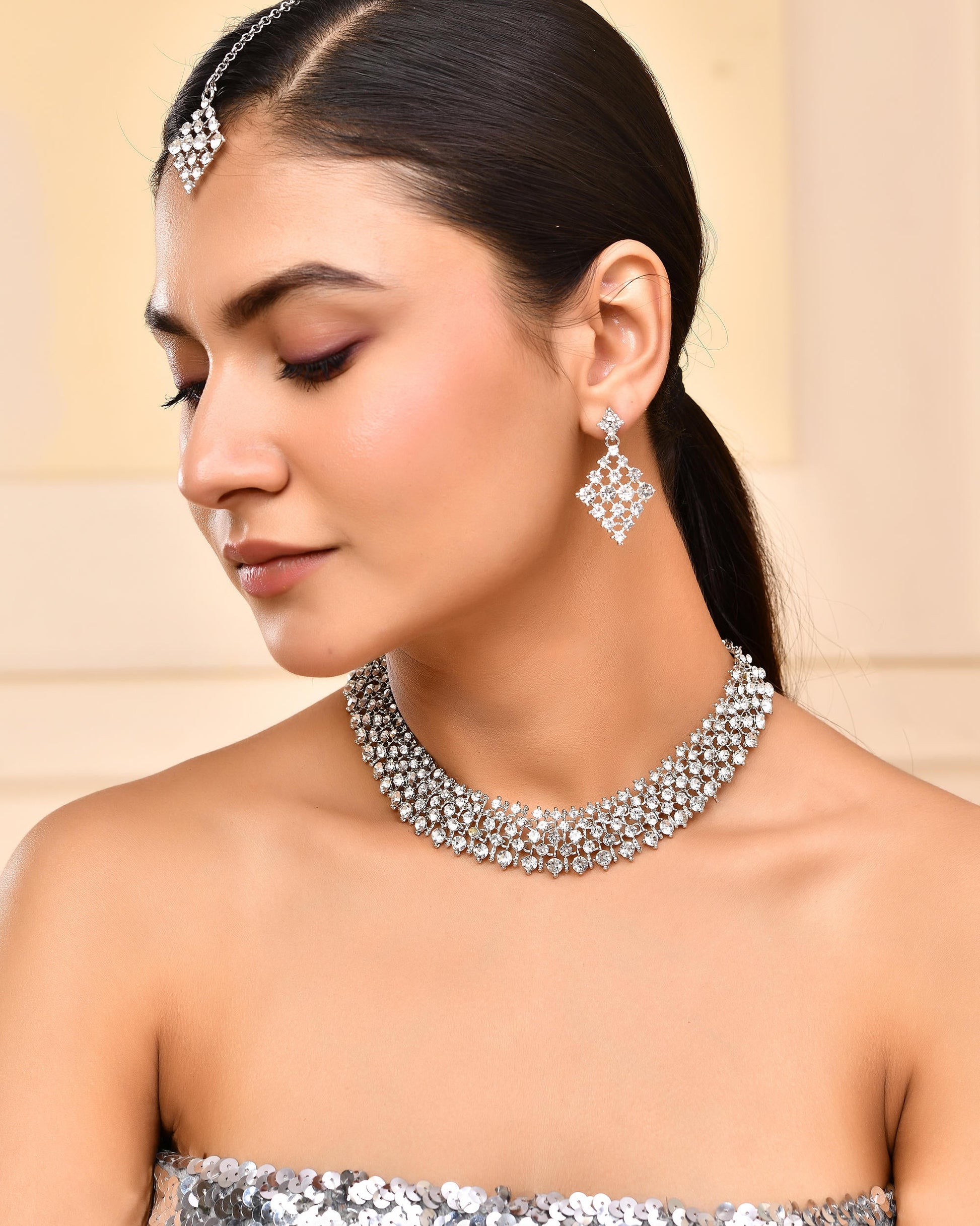 VOJ Silver-Plated AD-Studded Handcrafted Jewellery Set - Swadesiicart
