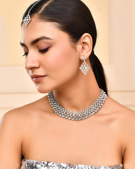 VOJ Silver-Plated AD-Studded Handcrafted Jewellery Set - Swadesiicart