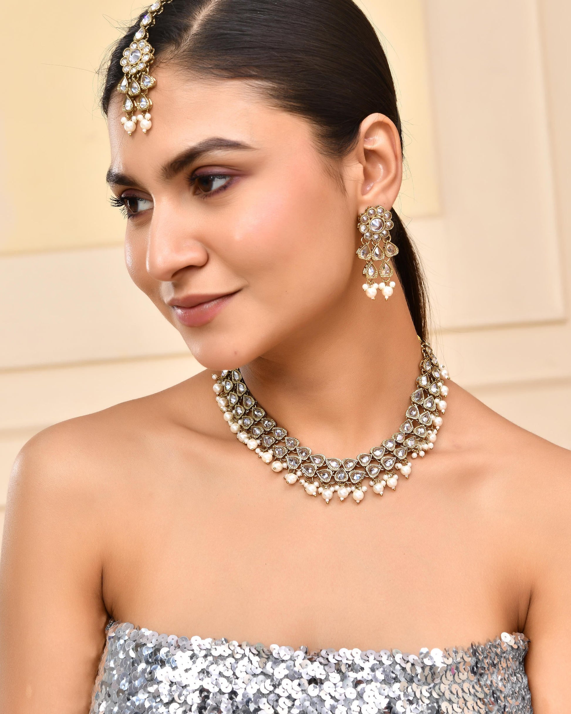 VOJ Gold-Polished White Beats Stuuded Handcrafted Jewellery Set - Swadesiicart