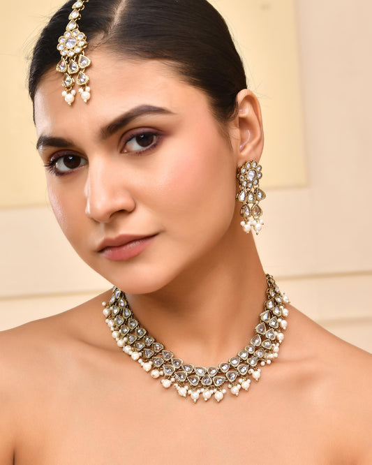 VOJ Gold-Polished White Beats Stuuded Handcrafted Jewellery Set - Swadesiicart