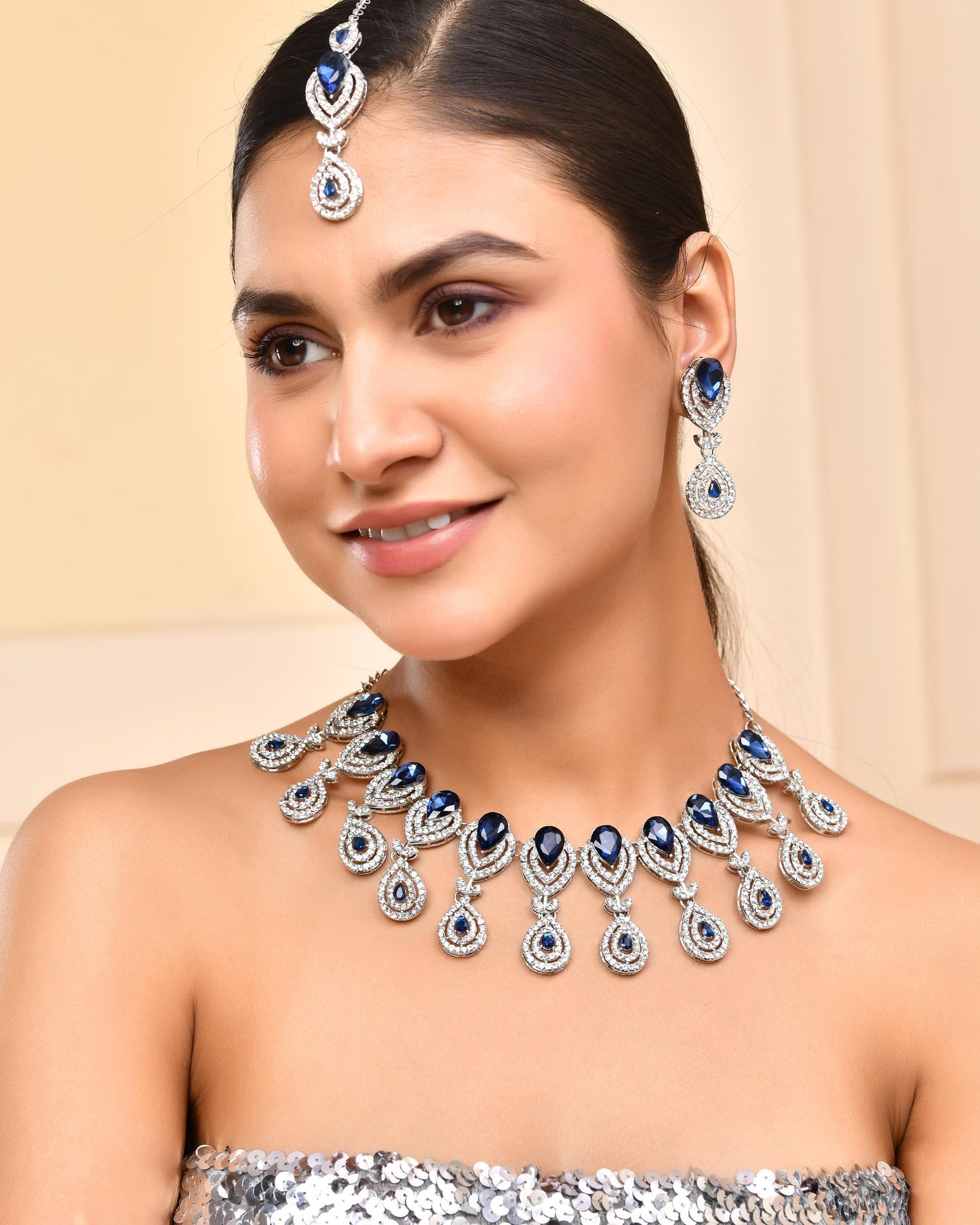 VOJ Silver-Plated Blue AD-Studded Tear Drop Shape Jewellery Set - Swadesiicart