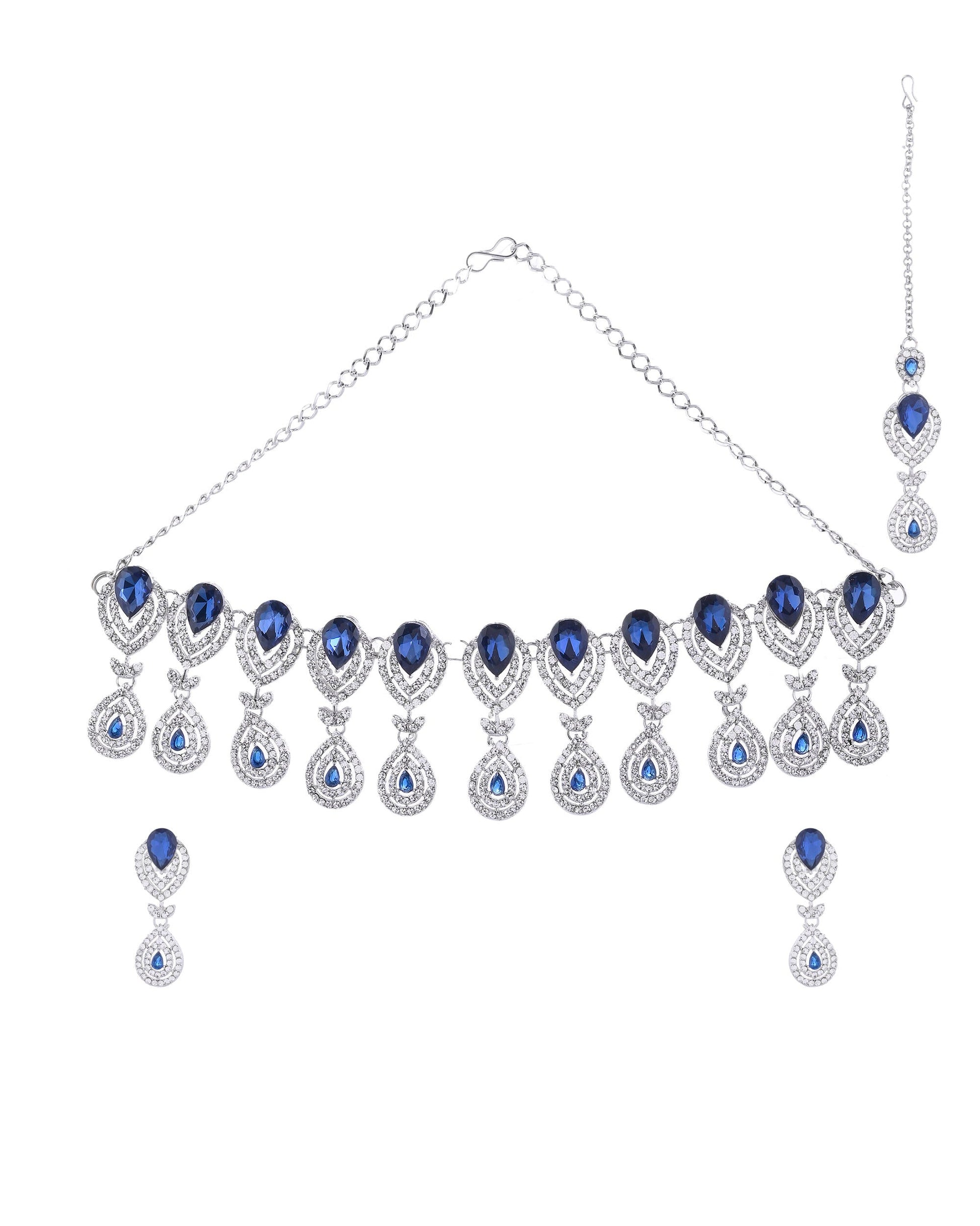 VOJ Silver-Plated Blue AD-Studded Tear Drop Shape Jewellery Set - Swadesiicart