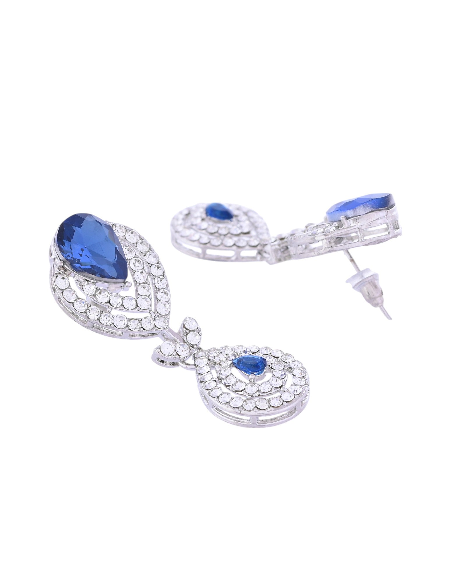 VOJ Silver-Plated Blue AD-Studded Tear Drop Shape Jewellery Set - Swadesiicart