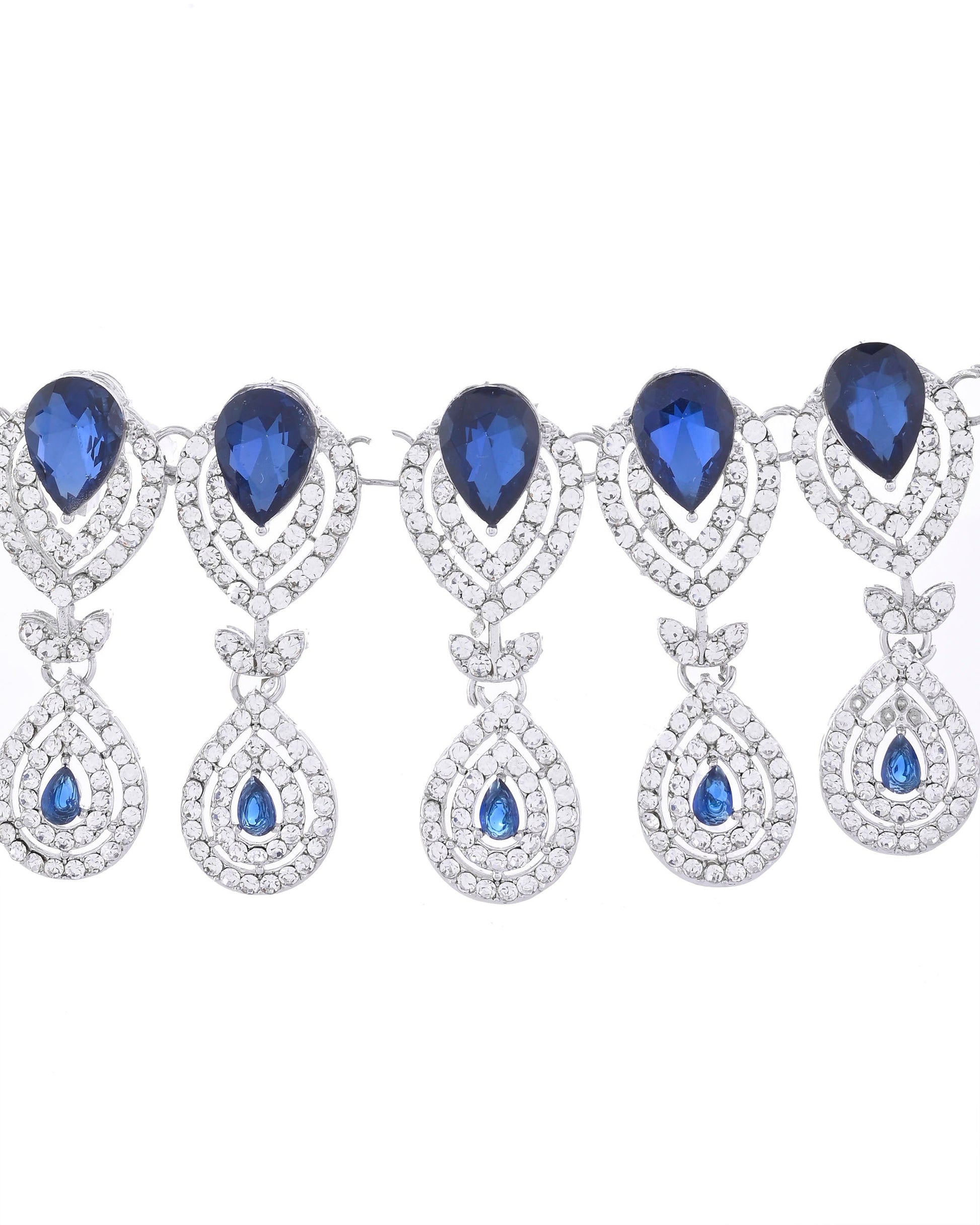 VOJ Silver-Plated Blue AD-Studded Tear Drop Shape Jewellery Set - Swadesiicart