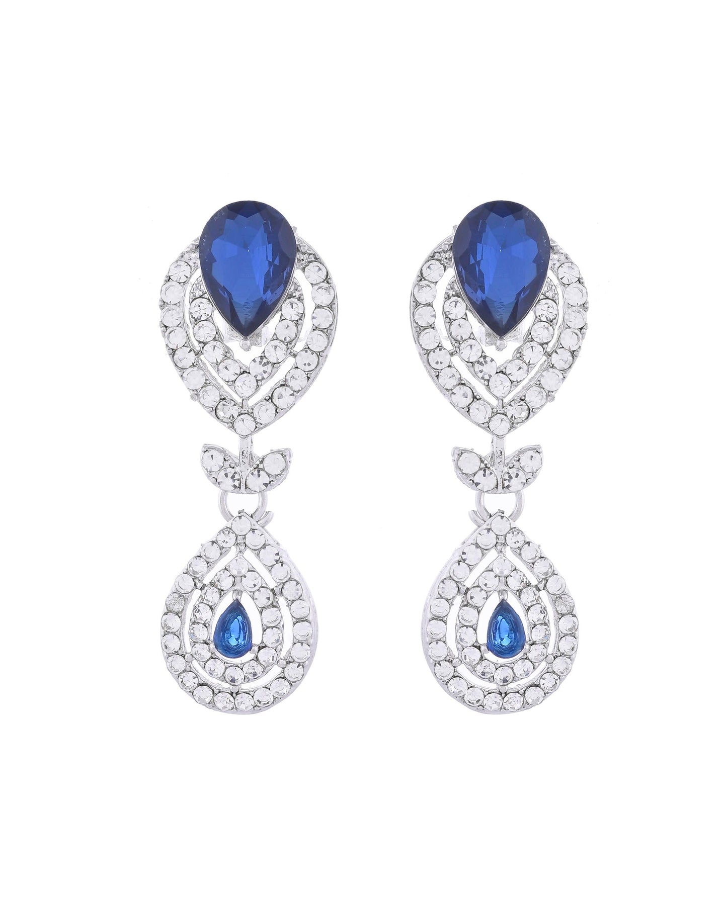 VOJ Silver-Plated Blue AD-Studded Tear Drop Shape Jewellery Set - Swadesiicart