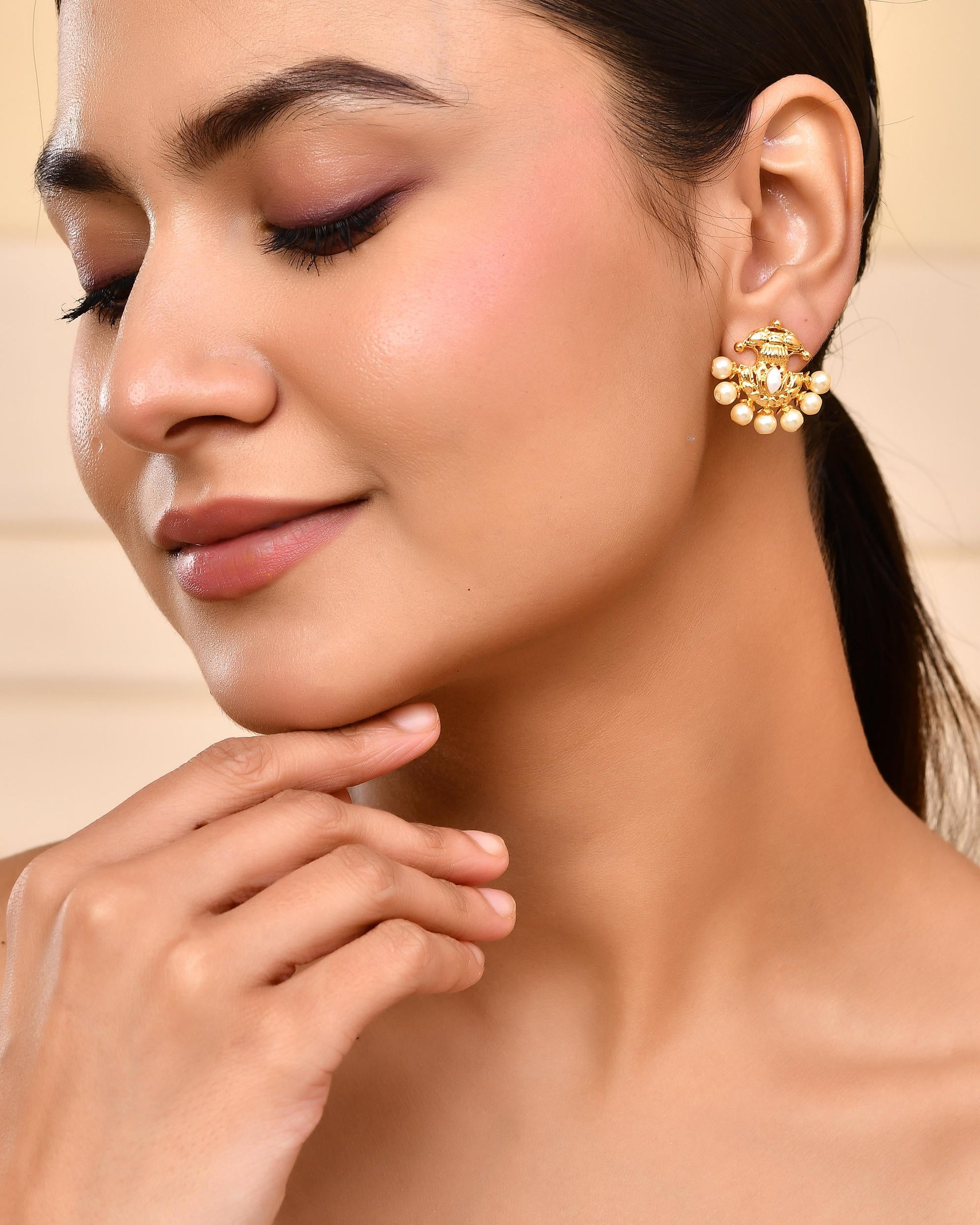 VOJ Gold-Polished Classic Pearl Studded Anti Tarnish Earrings - Swadesiicart