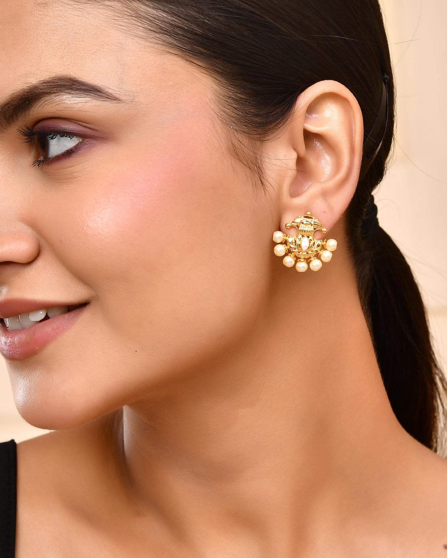 VOJ Gold-Polished Classic Pearl Studded Anti Tarnish Earrings - Swadesiicart
