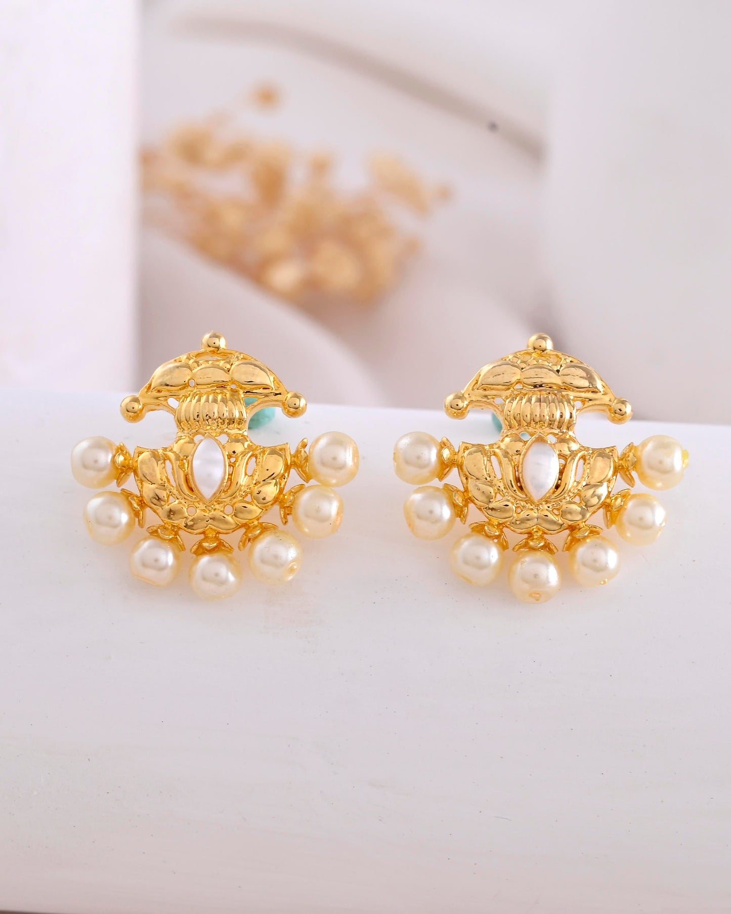 VOJ Gold-Polished Classic Pearl Studded Anti Tarnish Earrings - Swadesiicart