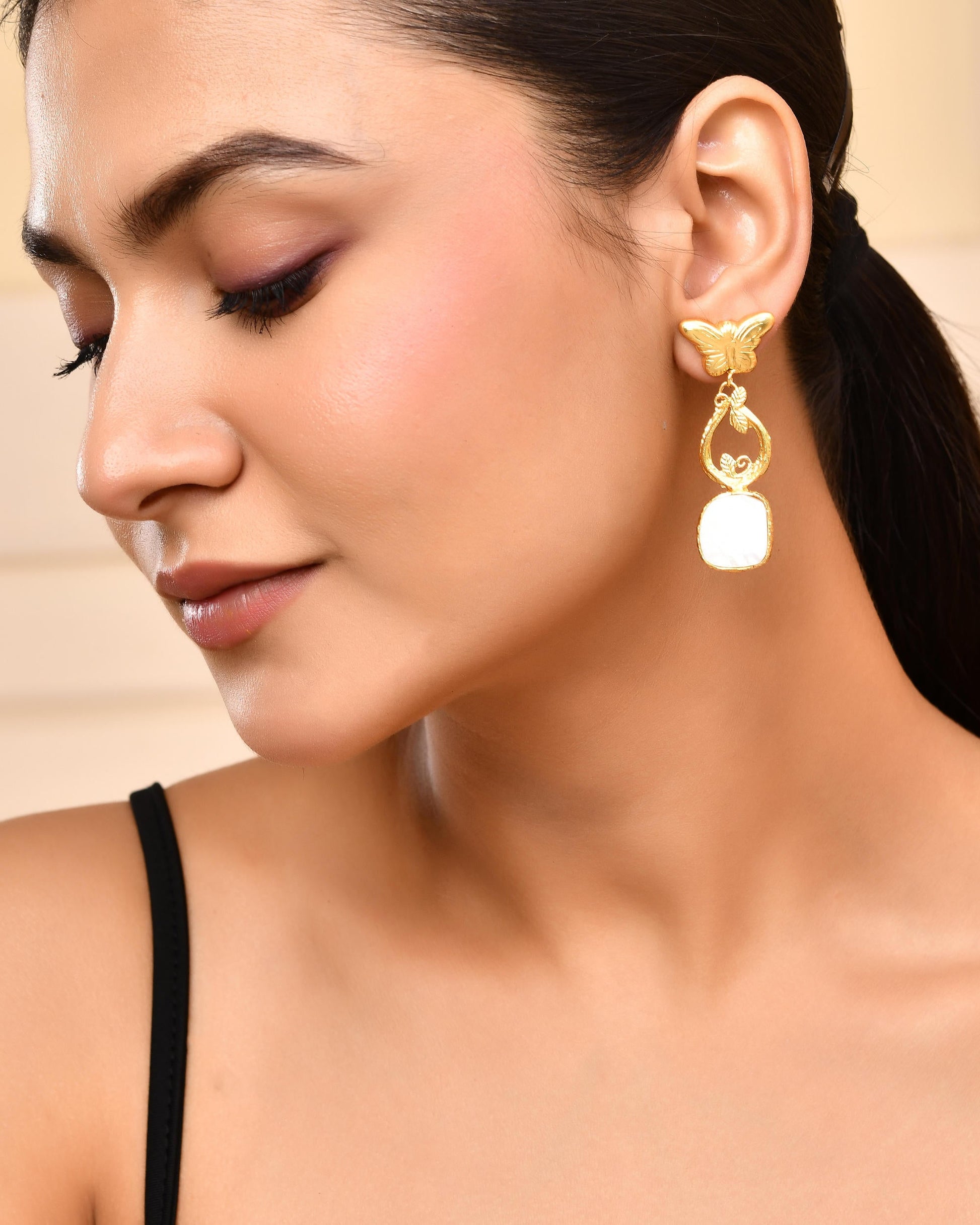 VOJ Gold-Polished Stone Studded Designer Anti Tarnish Earrings - Swadesiicart