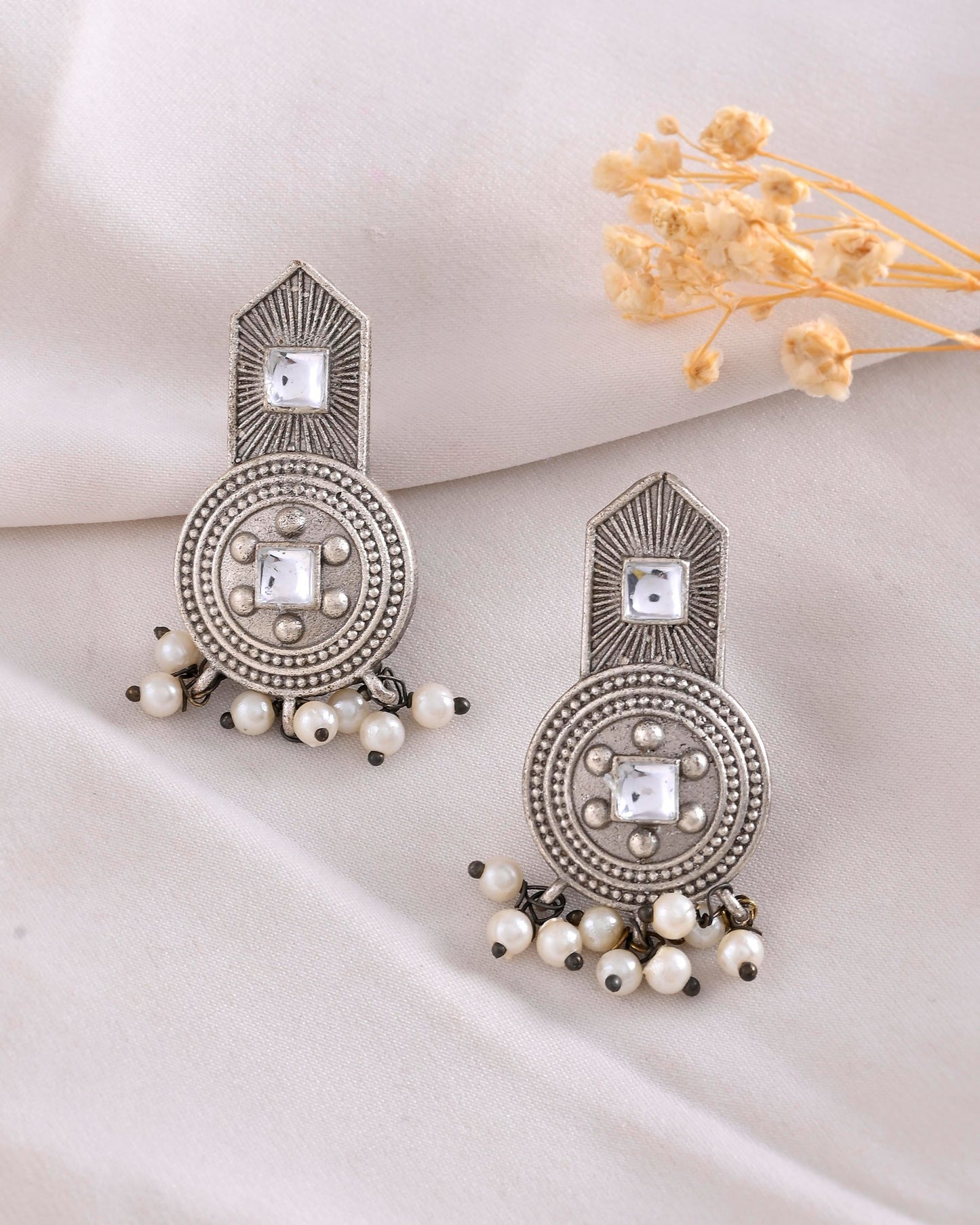 VOJ Silver Plated Beats Studded Classic Stud Earrings - Swadesiicart