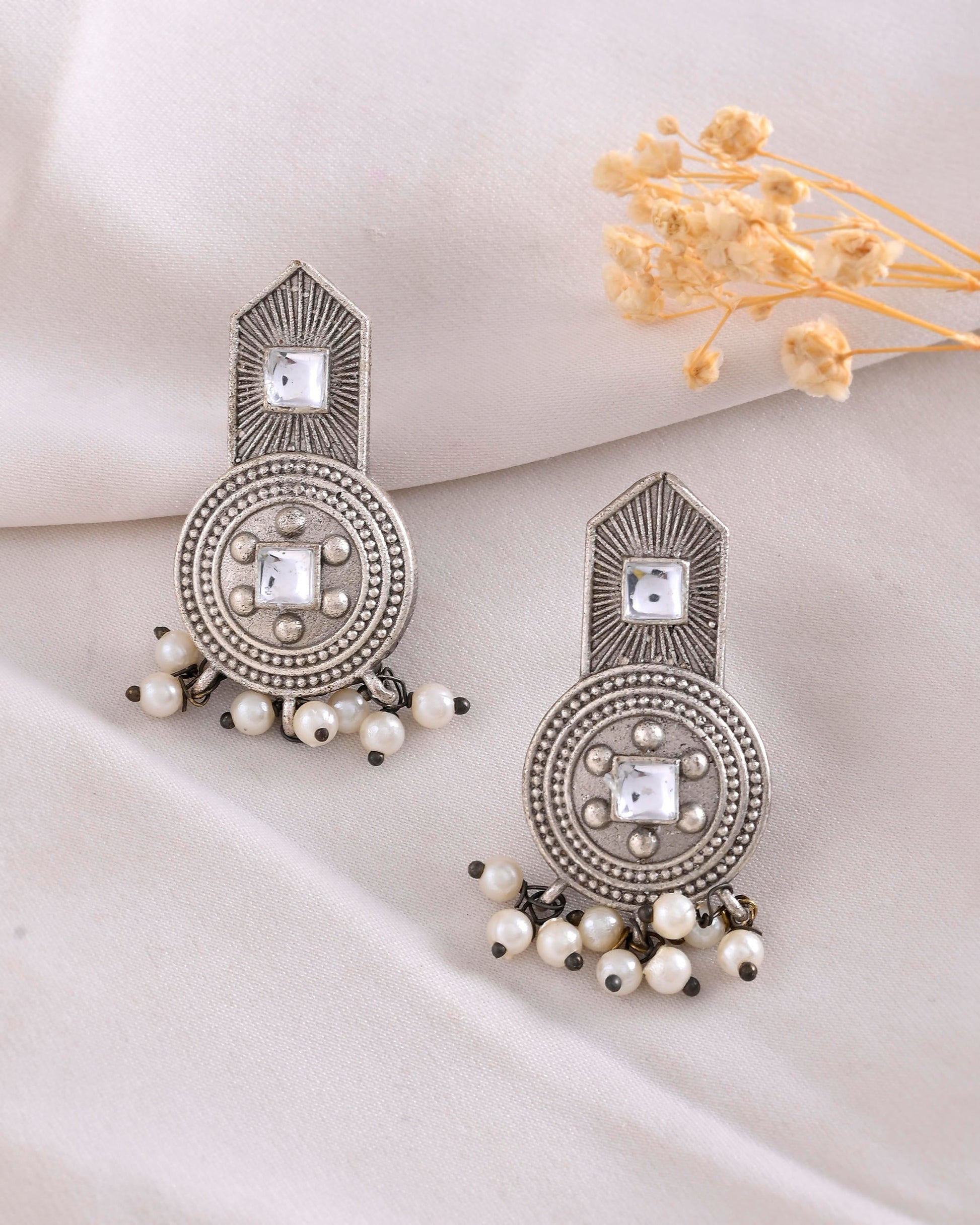 VOJ Silver Plated Beats Studded Classic Stud Earrings - Swadesiicart