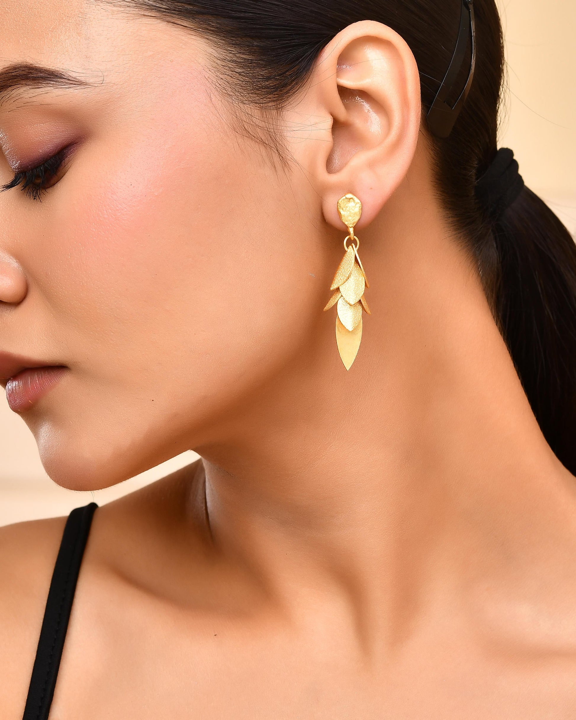 VOJ Gold-Toned Anti Tarnish Leafs Drop Earrings - Swadesiicart