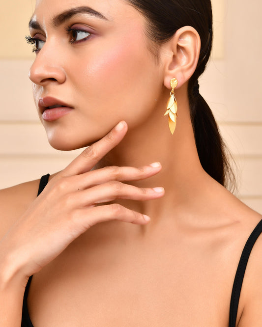 VOJ Gold-Toned Anti Tarnish Leafs Drop Earrings - Swadesiicart