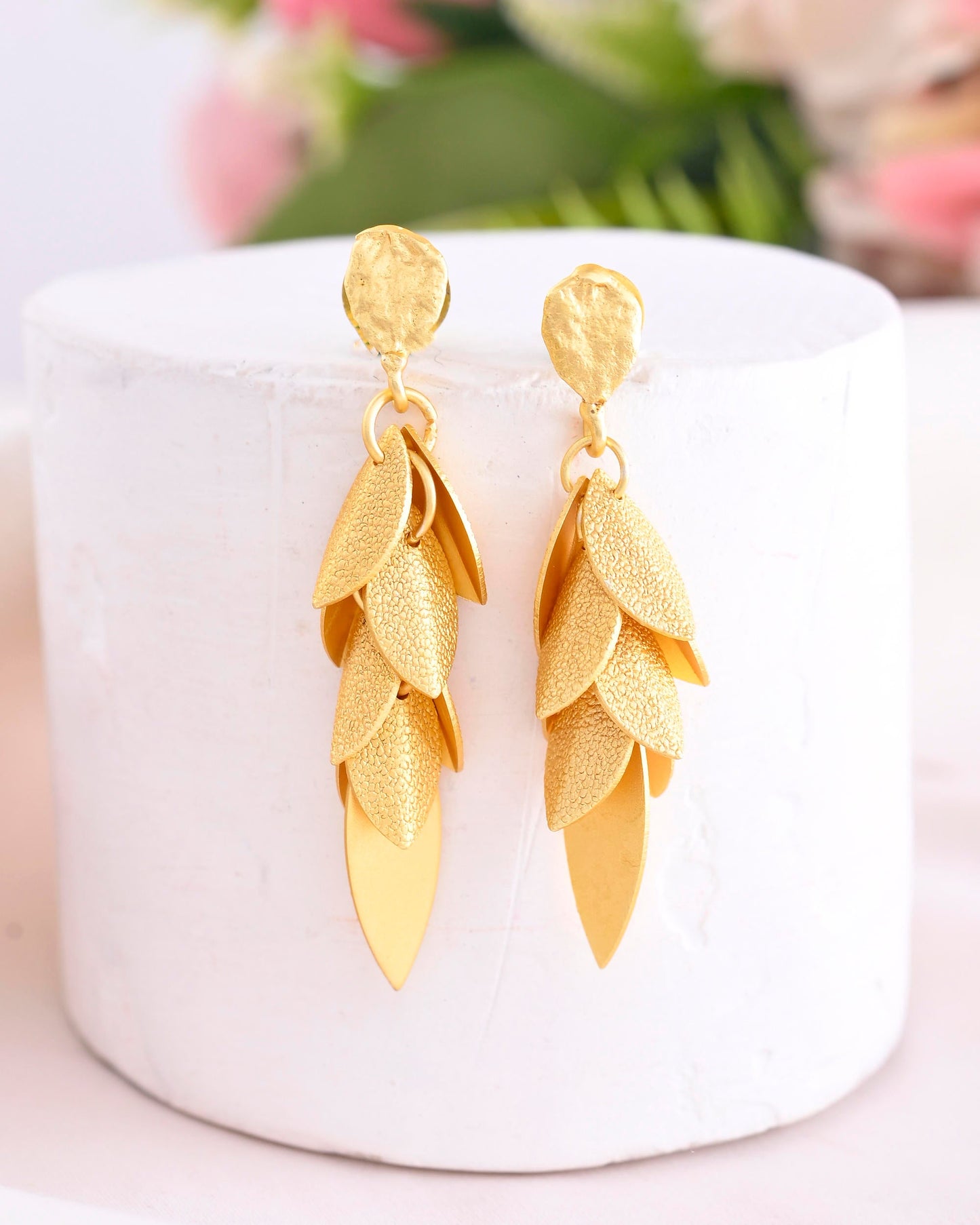 VOJ Gold-Toned Anti Tarnish Leafs Drop Earrings - Swadesiicart