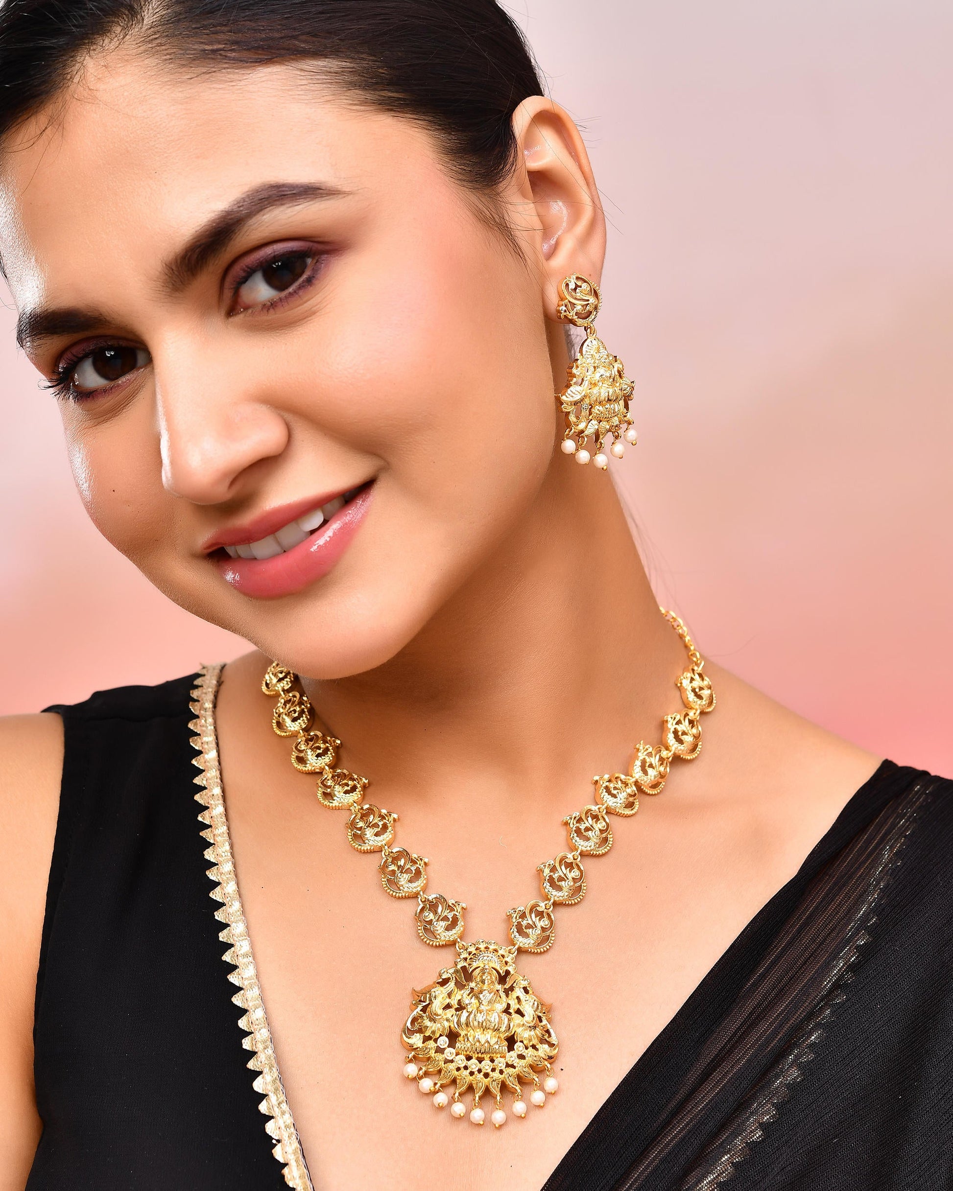 VOJ Gold-Polished Anti Tarnish Temple Jewellery Set - Swadesiicart