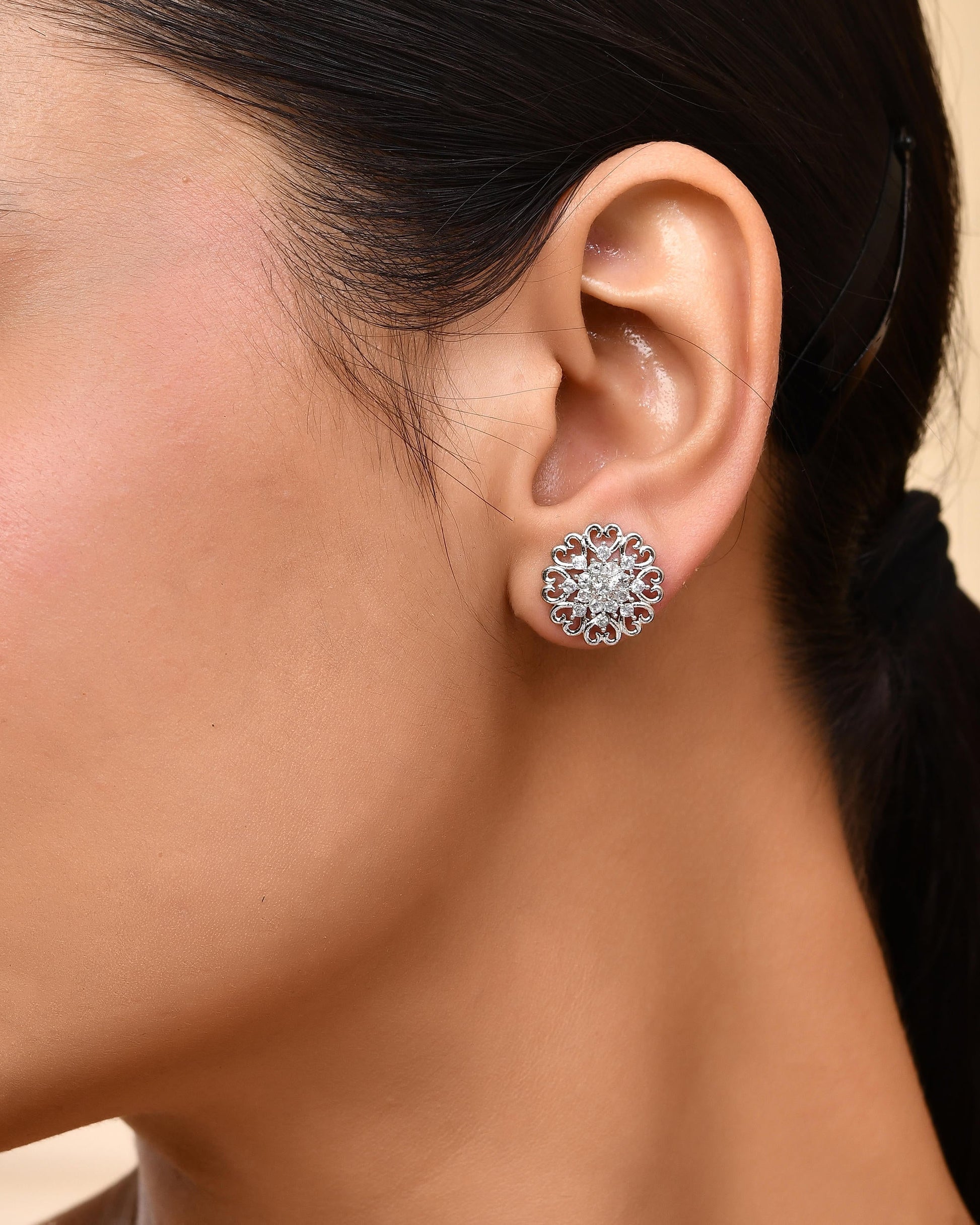 VOJ Silver Plated AD-Studded Flower Shape Stud Earrings - Swadesiicart