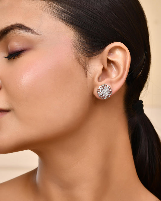 VOJ Silver Plated AD-Studded Flower Shape Stud Earrings - Swadesiicart