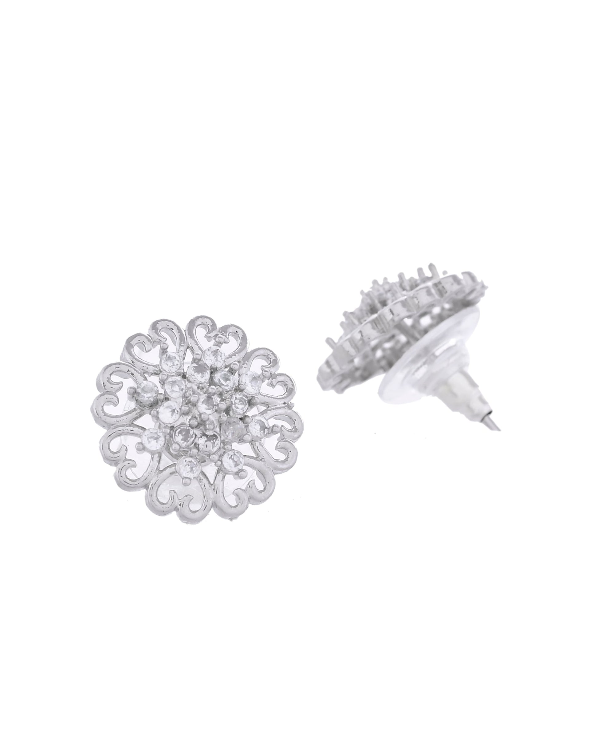 VOJ Silver Plated AD-Studded Flower Shape Stud Earrings - Swadesiicart