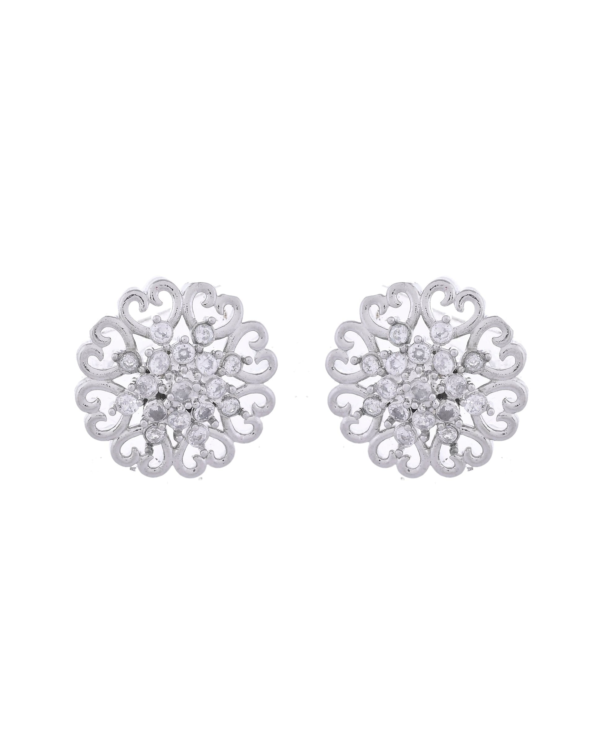 VOJ Silver Plated AD-Studded Flower Shape Stud Earrings - Swadesiicart