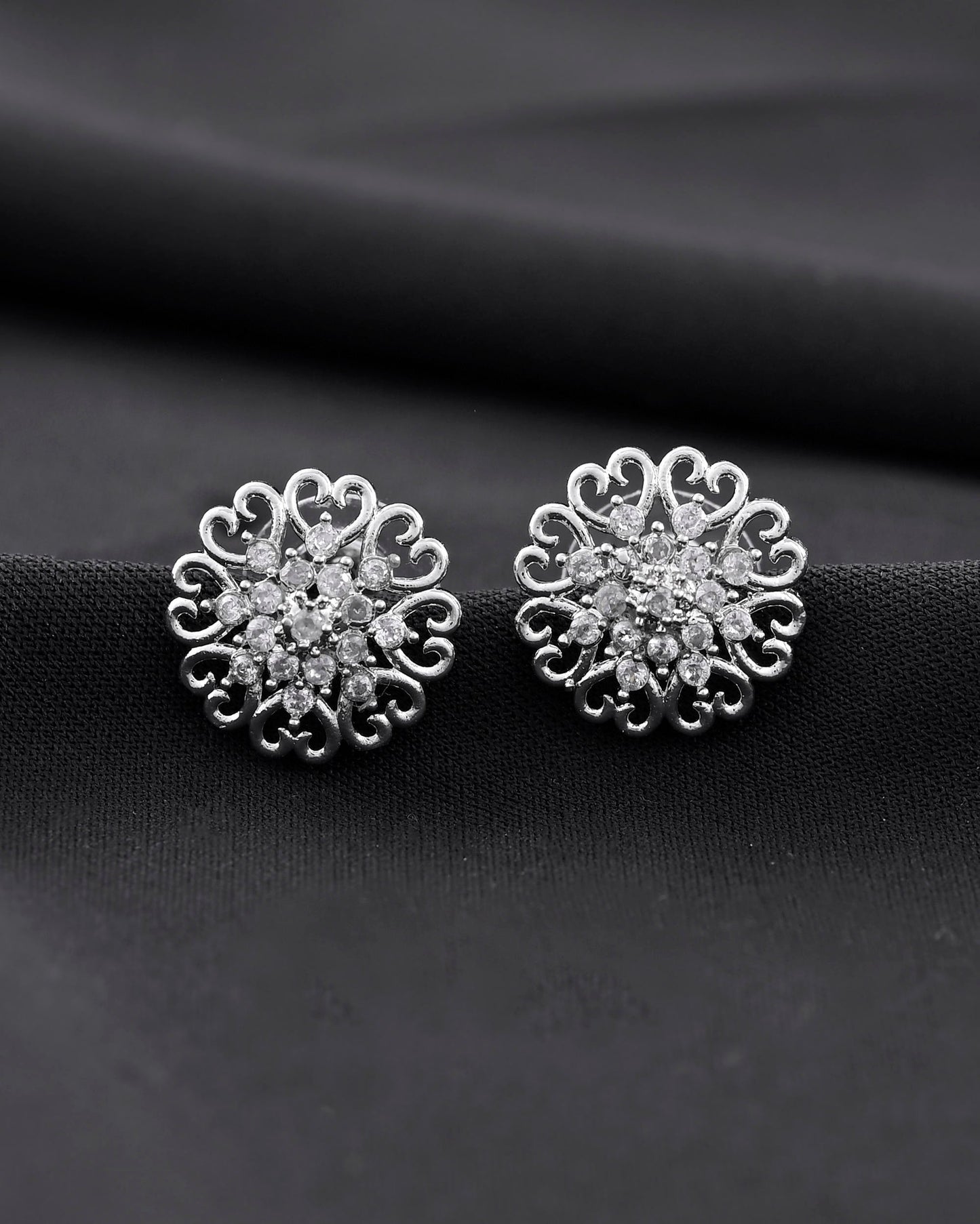 VOJ Silver Plated AD-Studded Flower Shape Stud Earrings - Swadesiicart