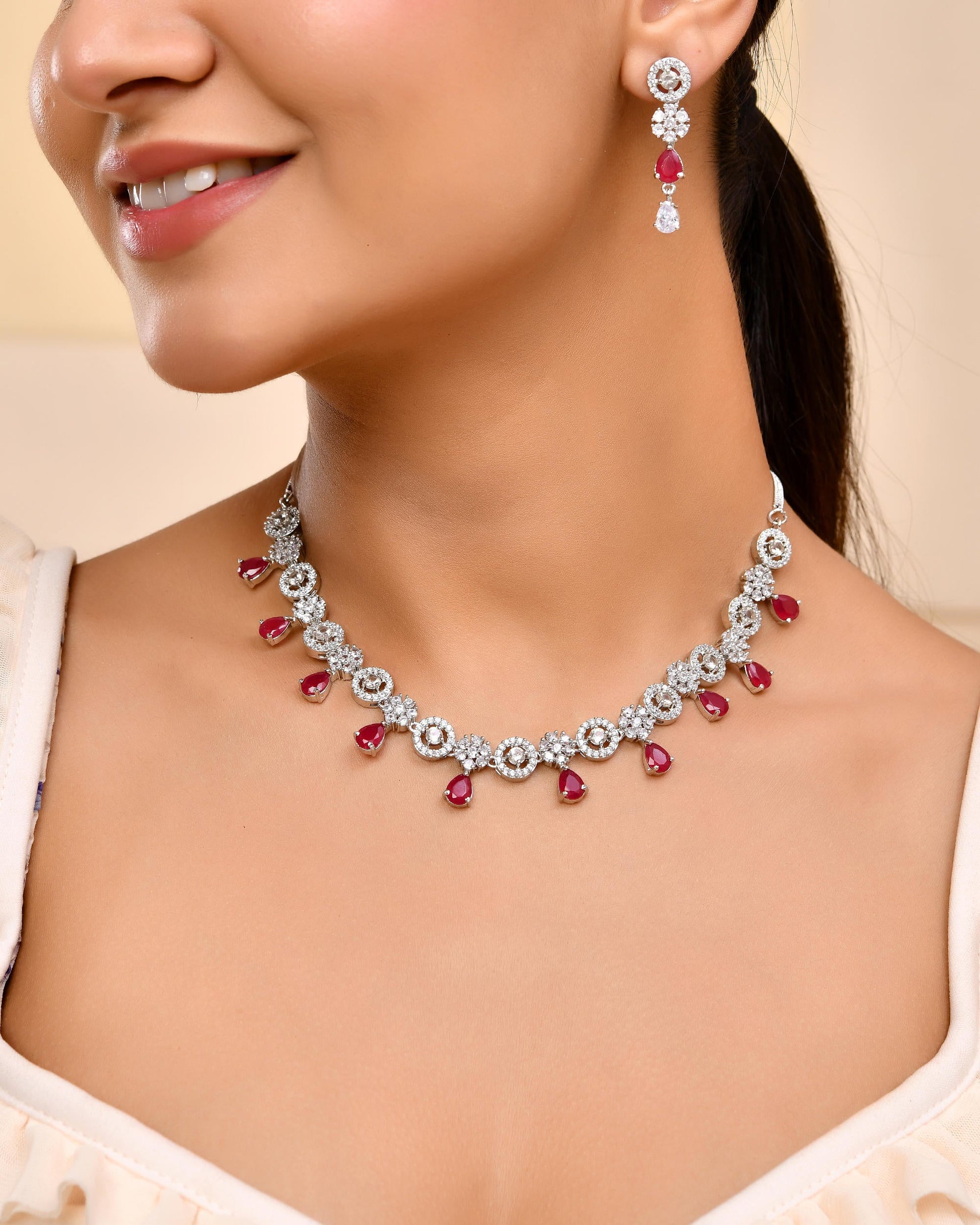 VOJ Silver Plated AD Studded Circular Shape Jewellery Set - Swadesiicart